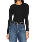 Slit Neck Long Sleeve Crew Top In Black