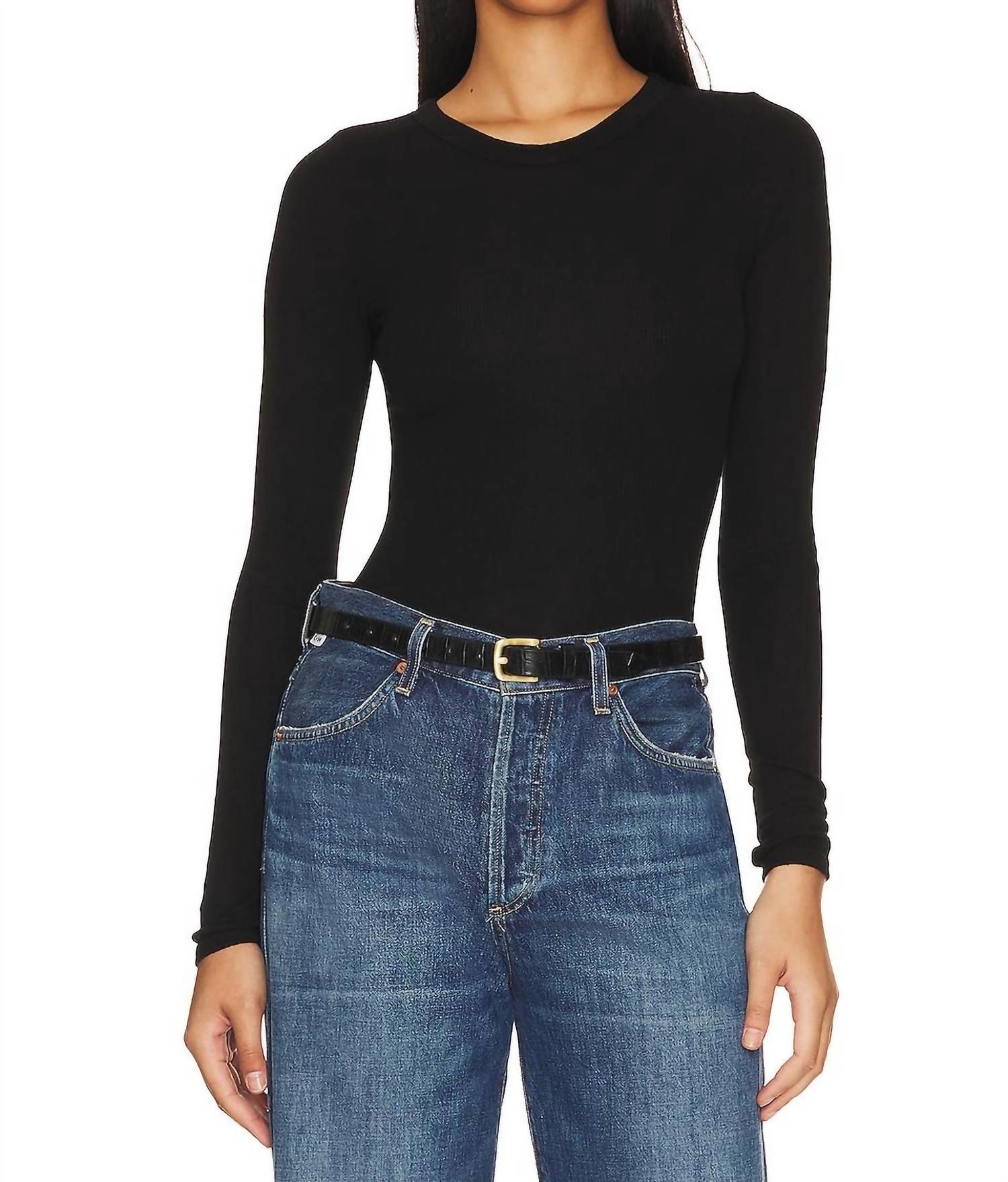 Slit Neck Long Sleeve Crew Top In Black
