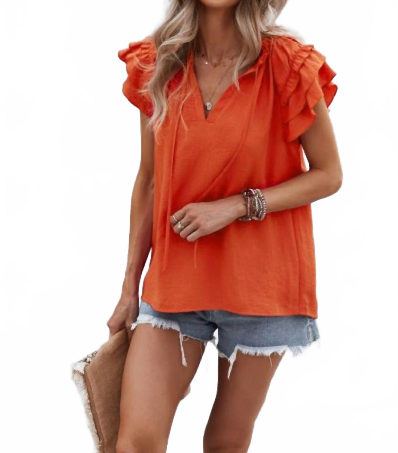 Boho Ruffled Sleeve Blouse In Red Orange