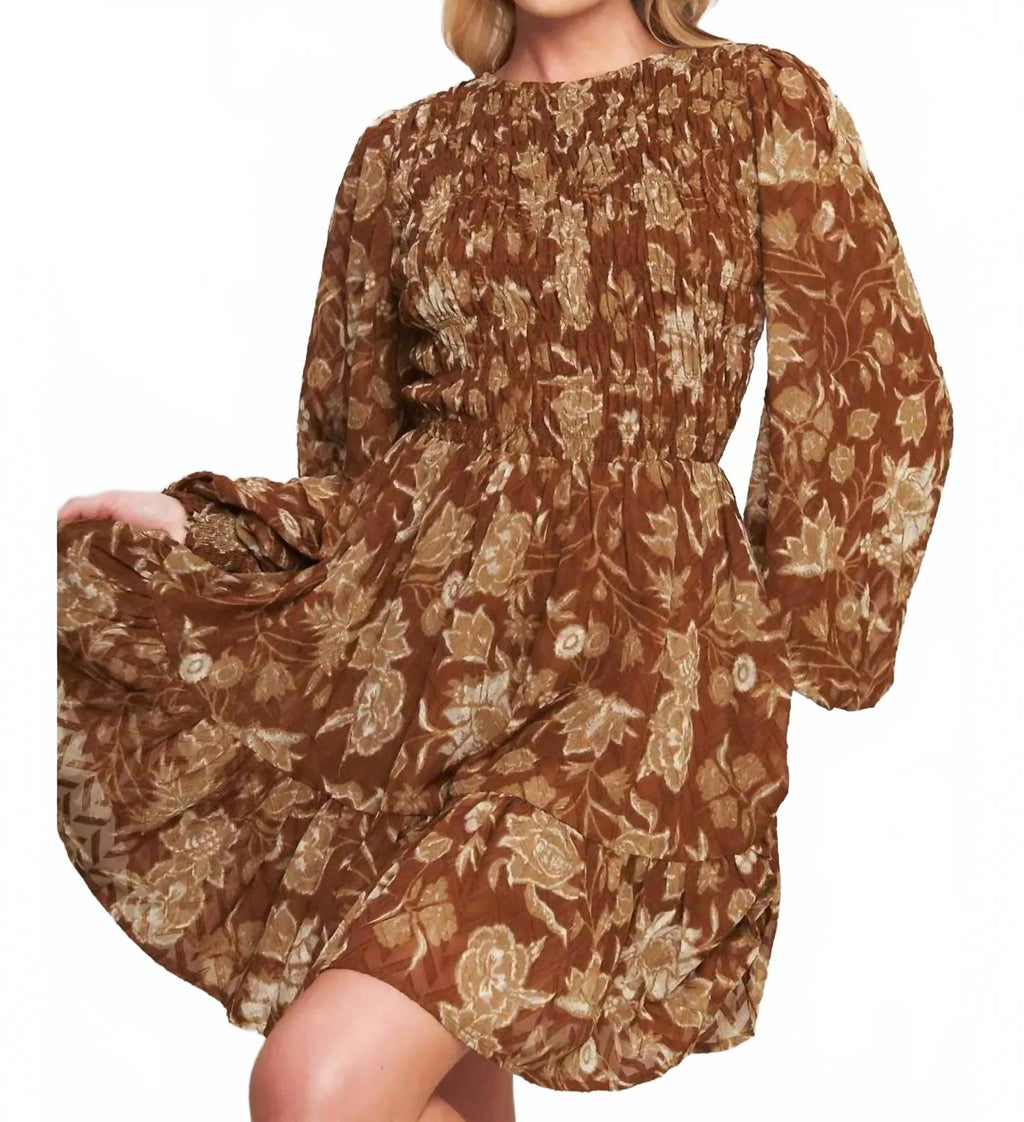 Golden Meadow Smocked Mini Dress In Brown