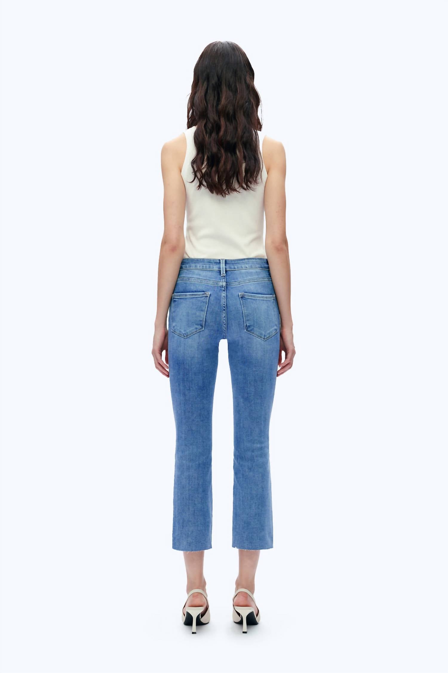 Mid Rise Straight Raw Edge Jeans In Medium Blue