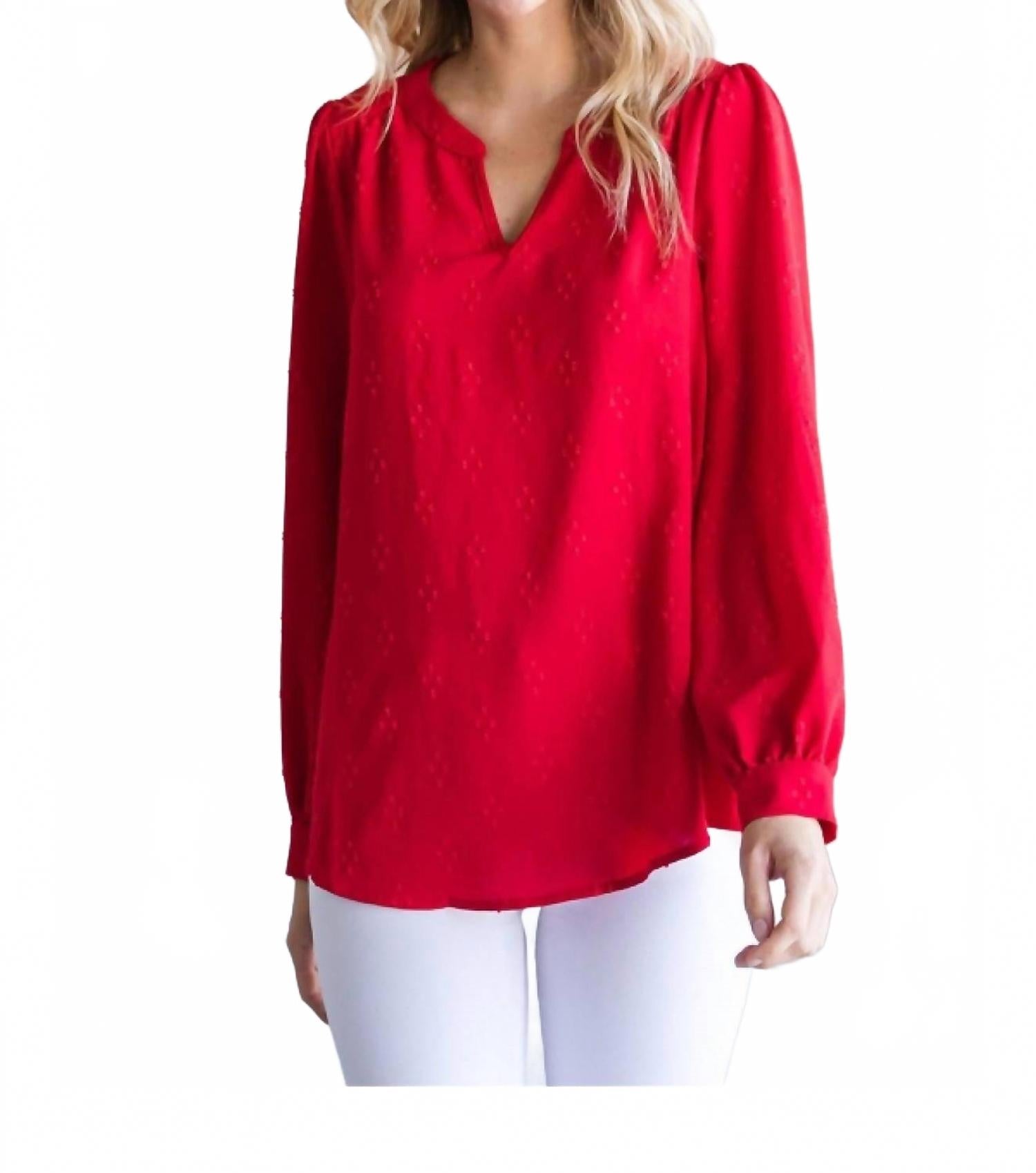 Textured Top With A Collarless Neckline & Long Bubble Sleeves In Tomato Red