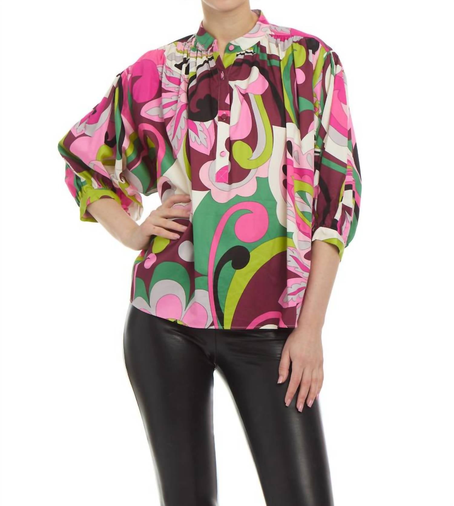 Lola Ruffle Neck Blouse In Pink Multi