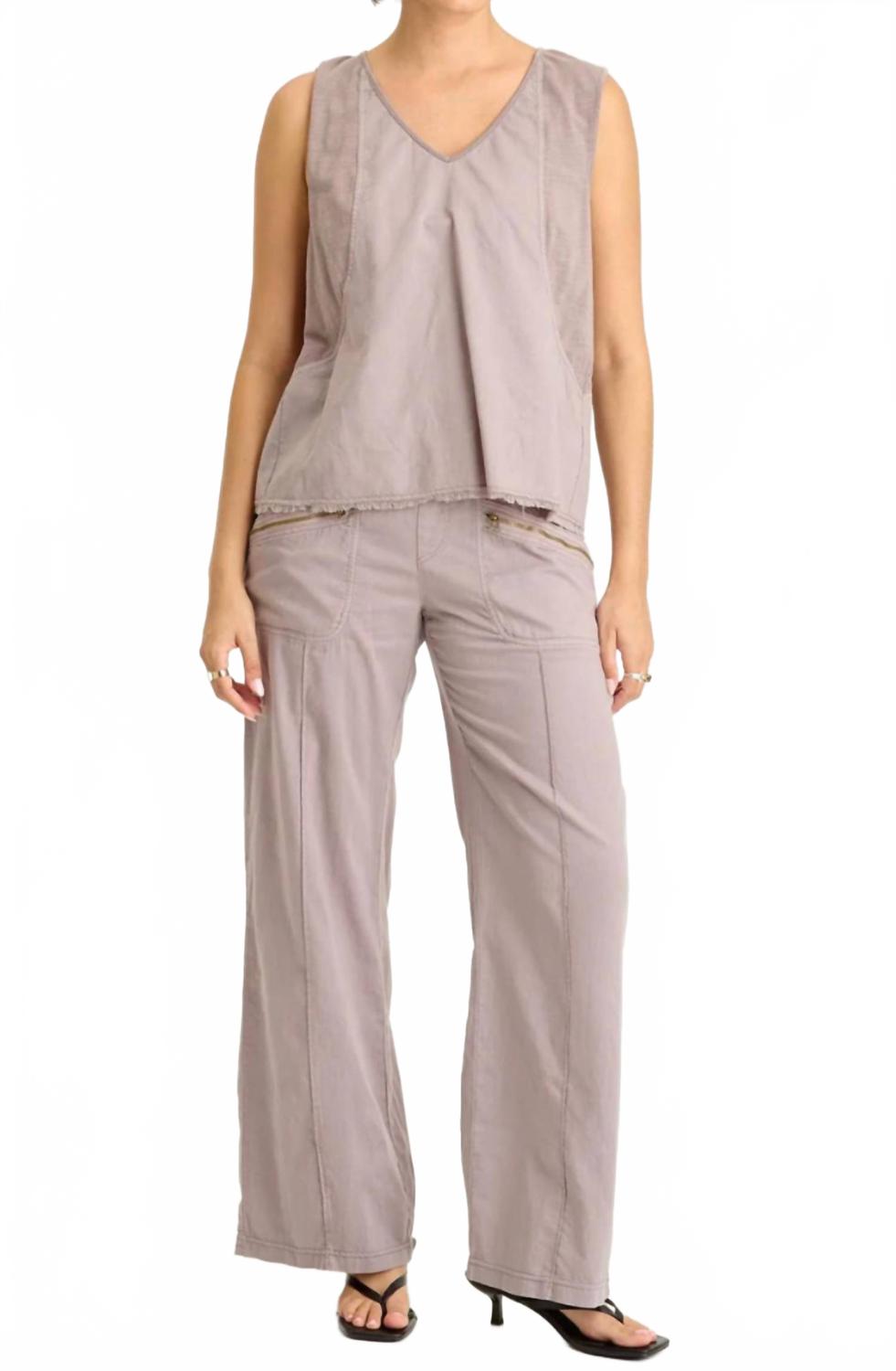 Poppy Seed Mazie Linen Jersey V-Neck Tank Top In Subtle Brown Grey