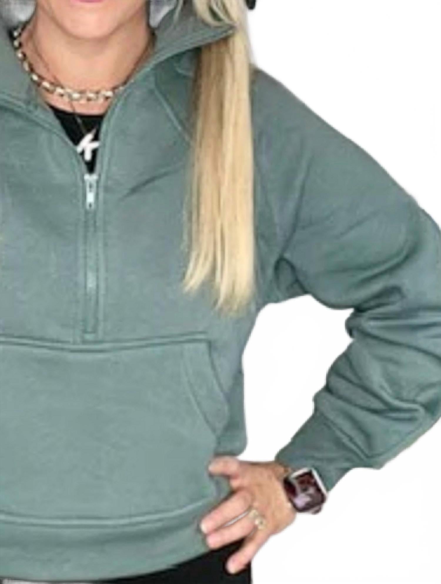 Fleece Half Zip Kangaroo Pocket Sweatshirt Top In Green
