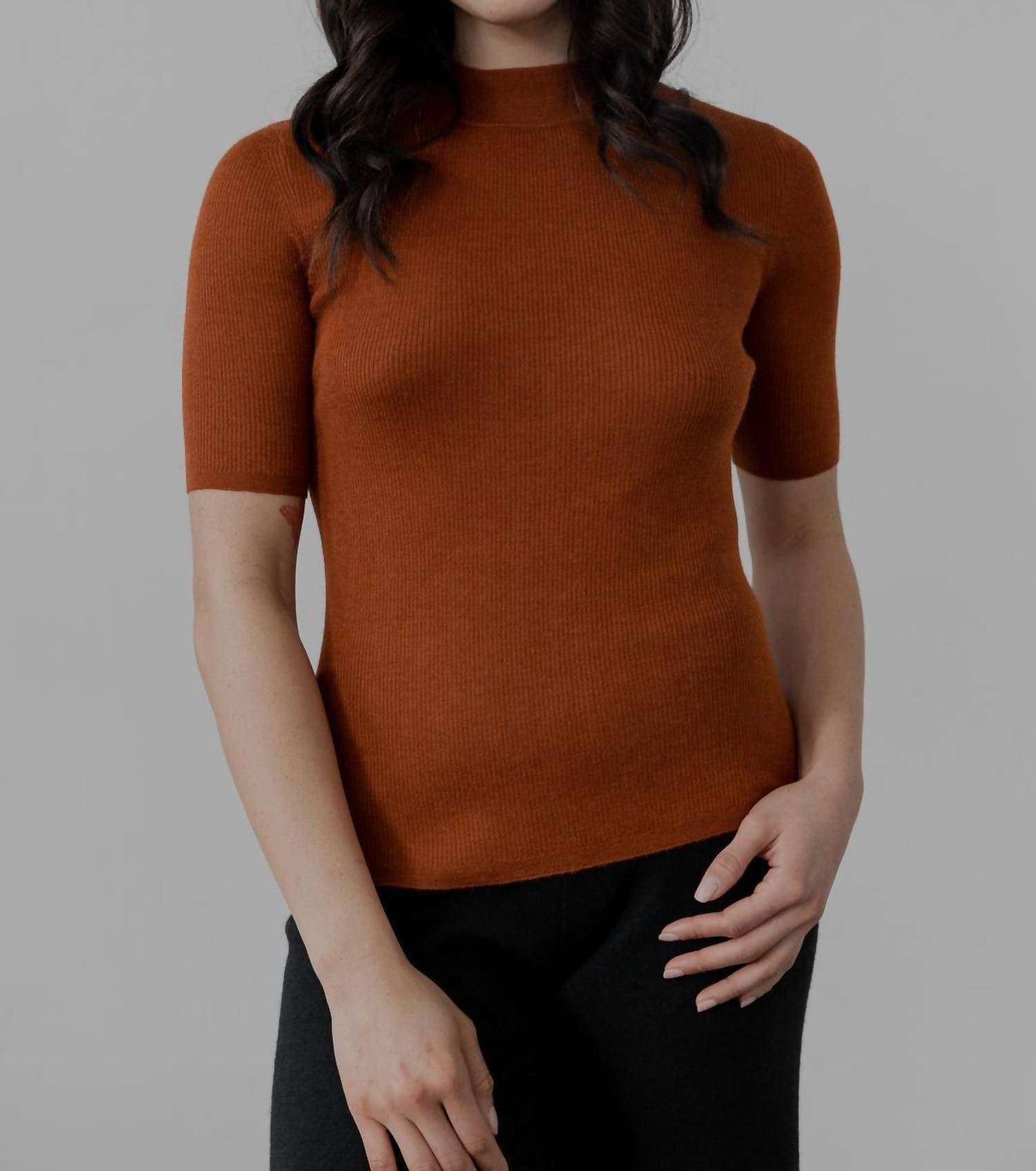 Mock Neck Ribbed Pullover In Rust