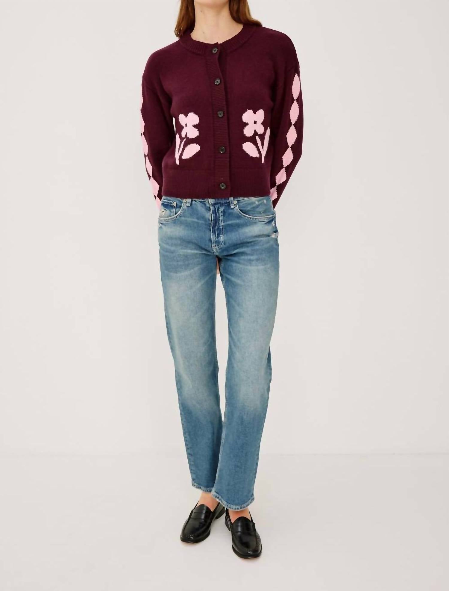 Mavie Floral Motifs Cardigan In Garnet Daisy