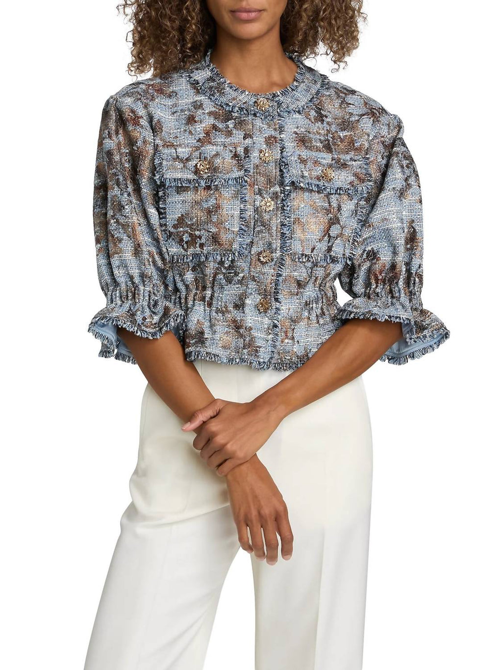 Jaxie Foil Print Tweed Crop Jacket In Silver Multi