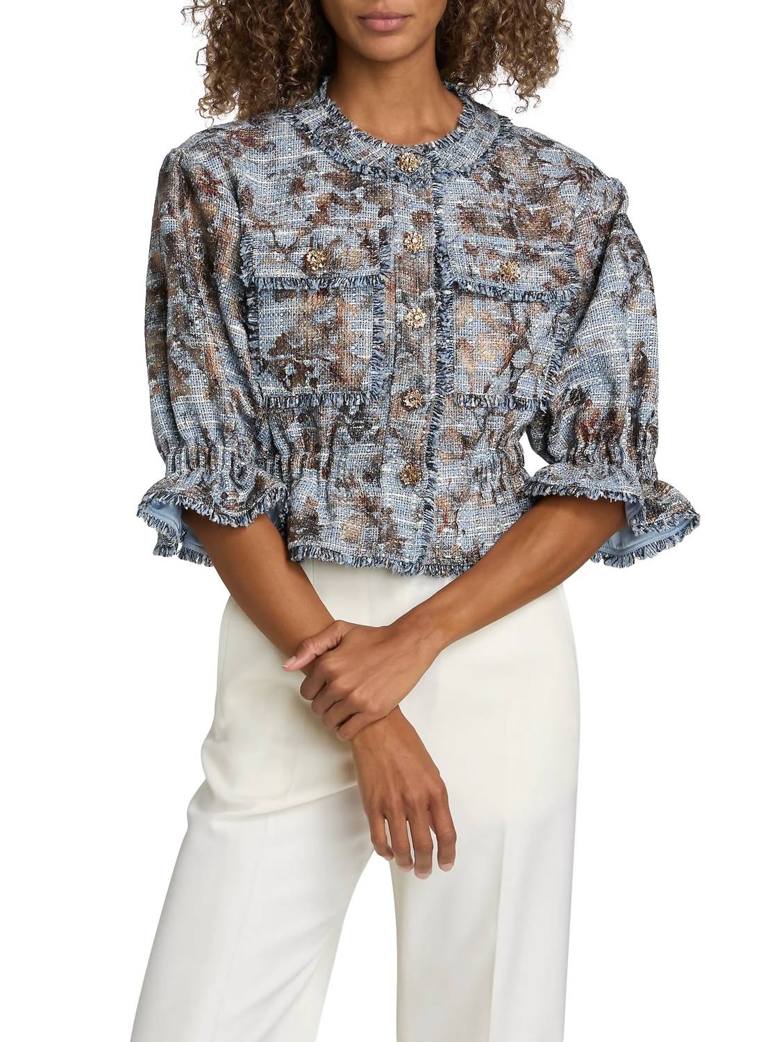 Jaxie Foil Print Tweed Crop Jacket In Silver Multi