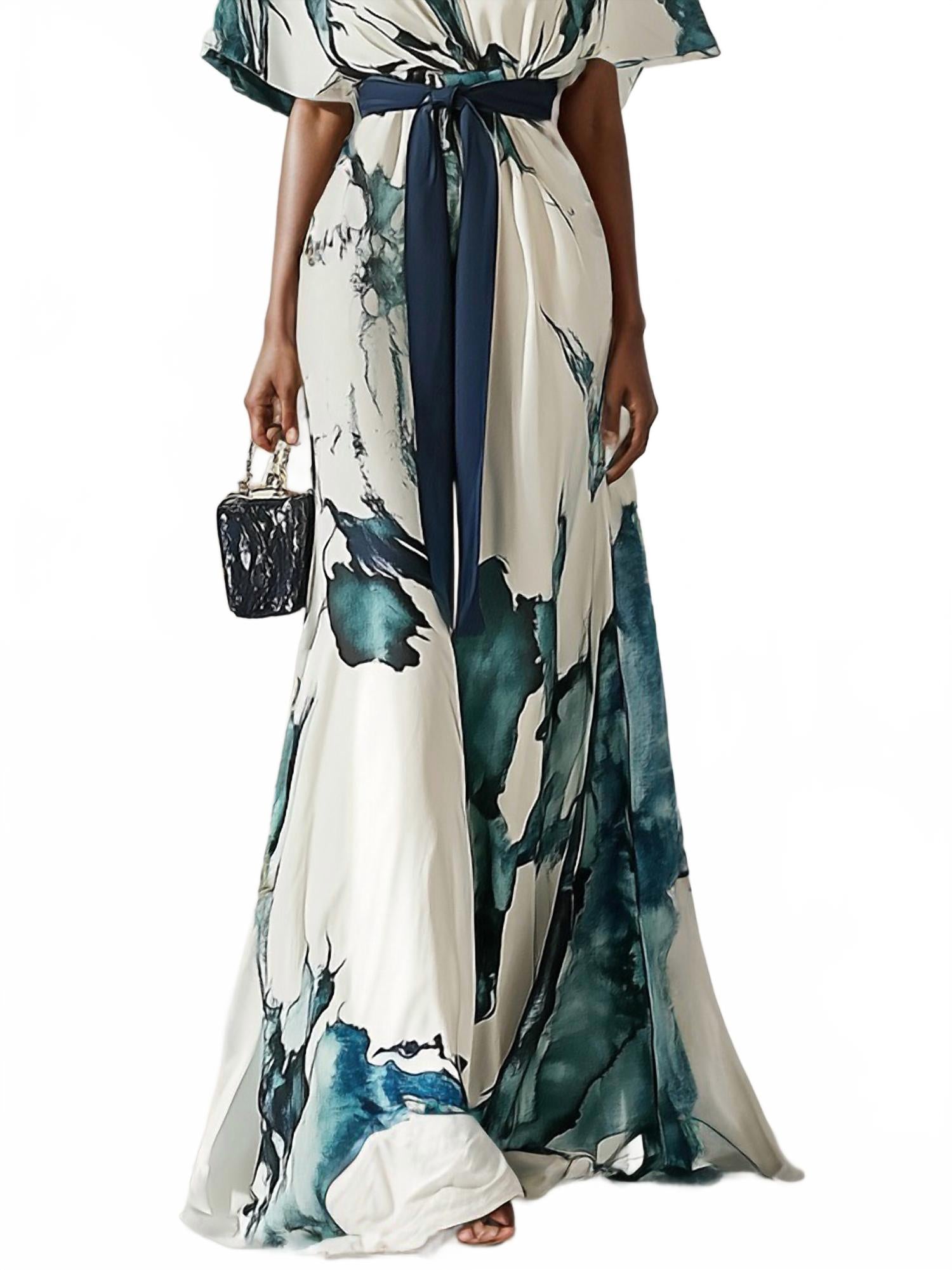 Chiffon V-Neck Short Sleeve A-Line Maxi Dress In White Blue