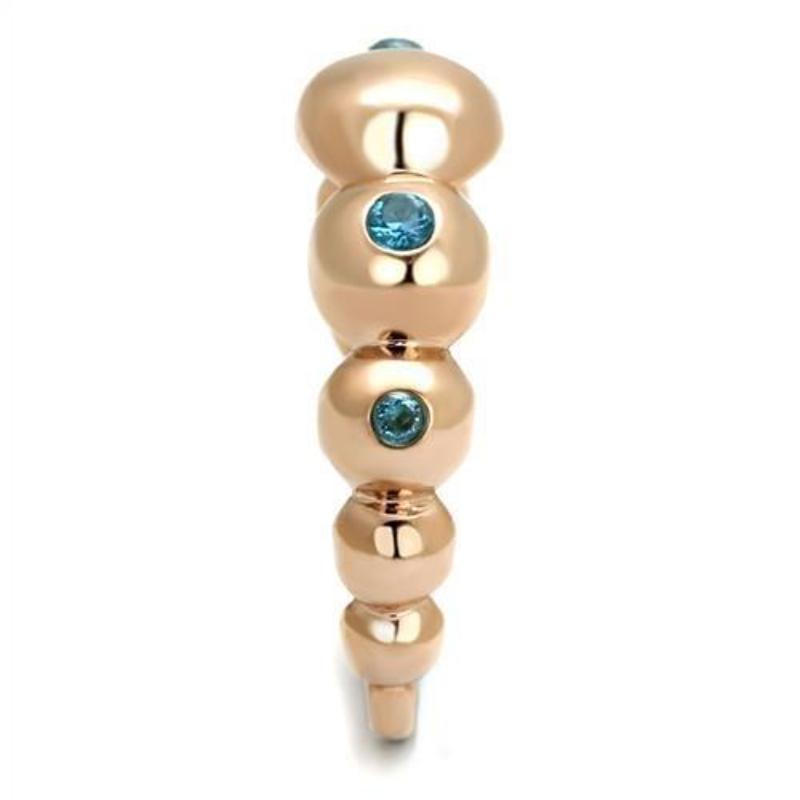 IP Rose Gold(Ion Plating) Stainless Steel Ring with AAA Grade CZ in Sea Blue