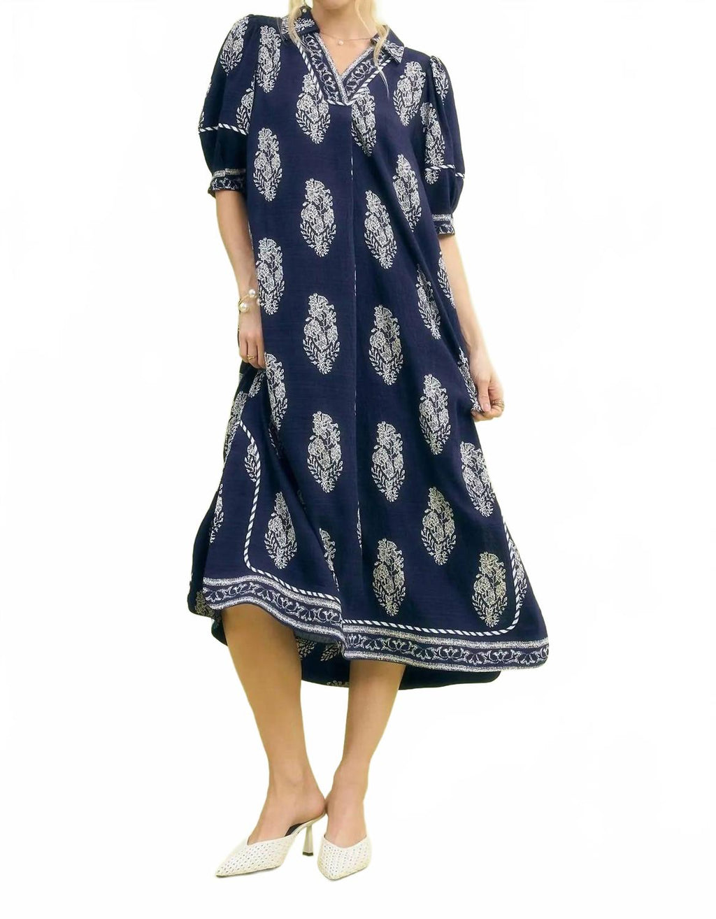 Bloom Border Print Midi Dress In Navy