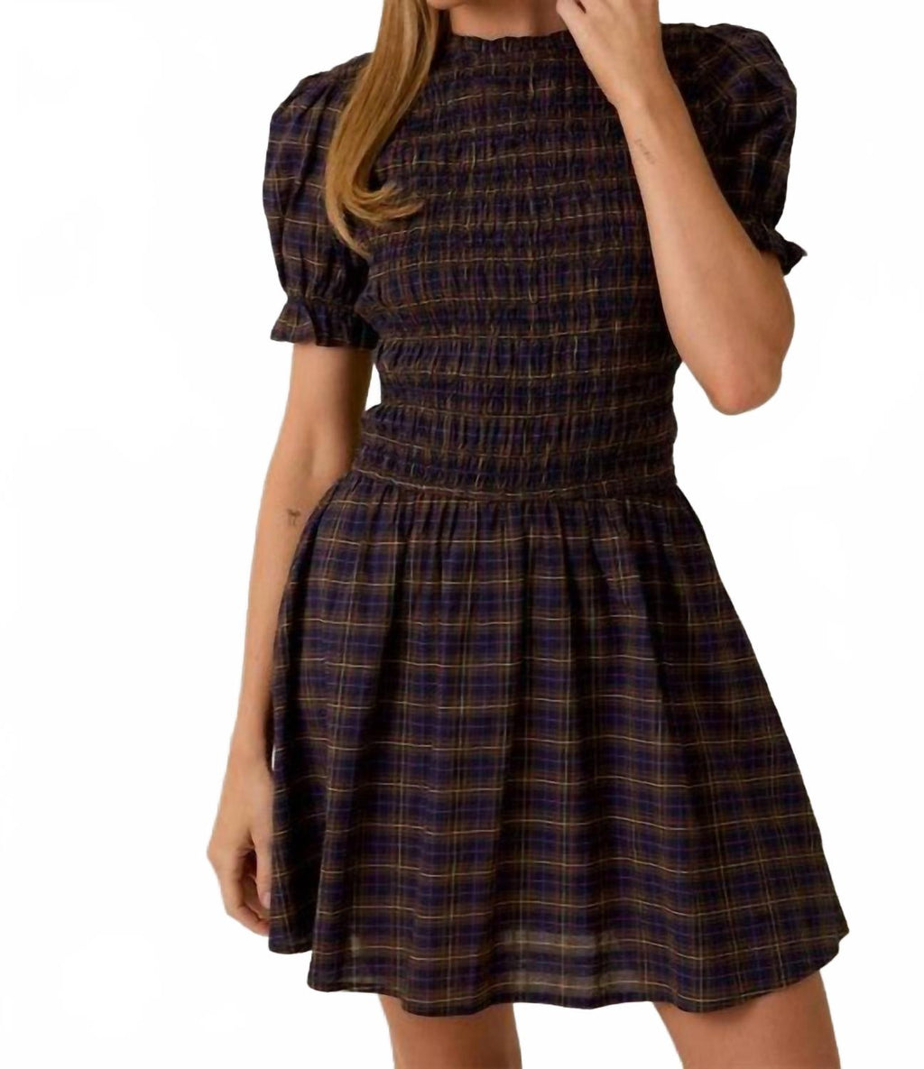 Mock Neck Smocked Mini Dress In Navy Multi