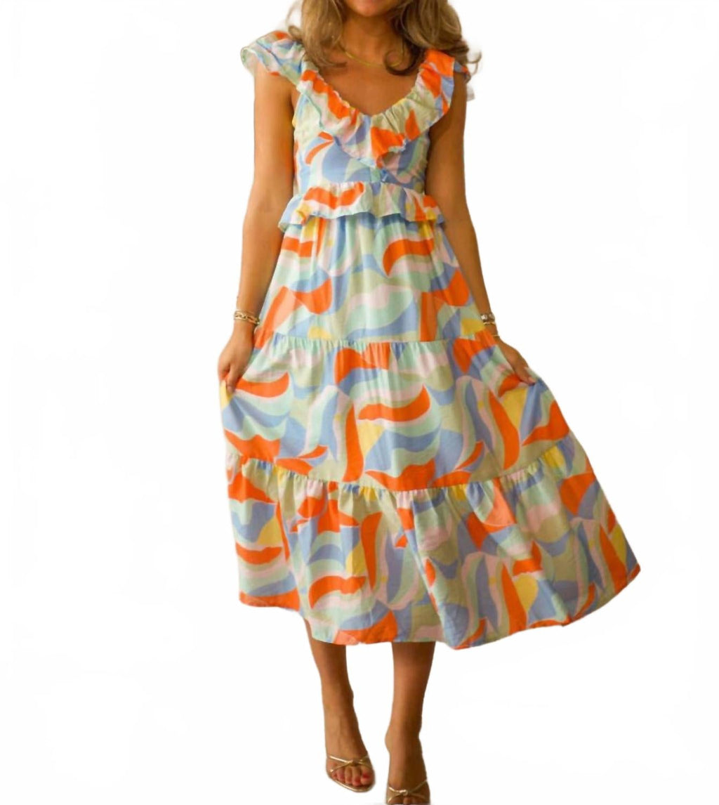 Abstract Print Maxi Dress In Blue/orange Multi