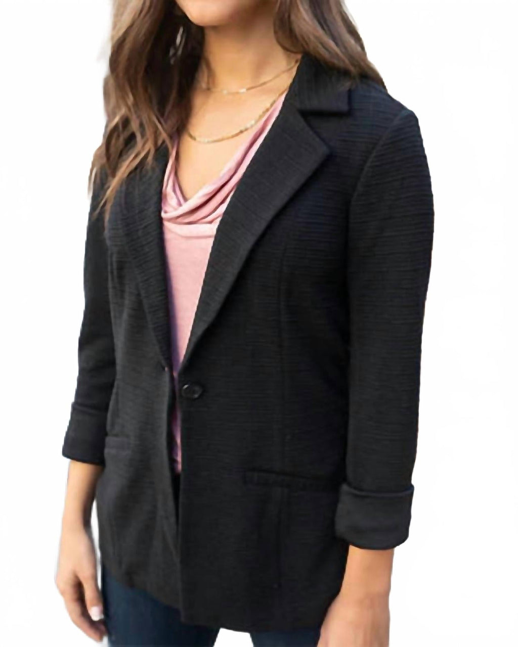 Textured Front Button Blazer In Black