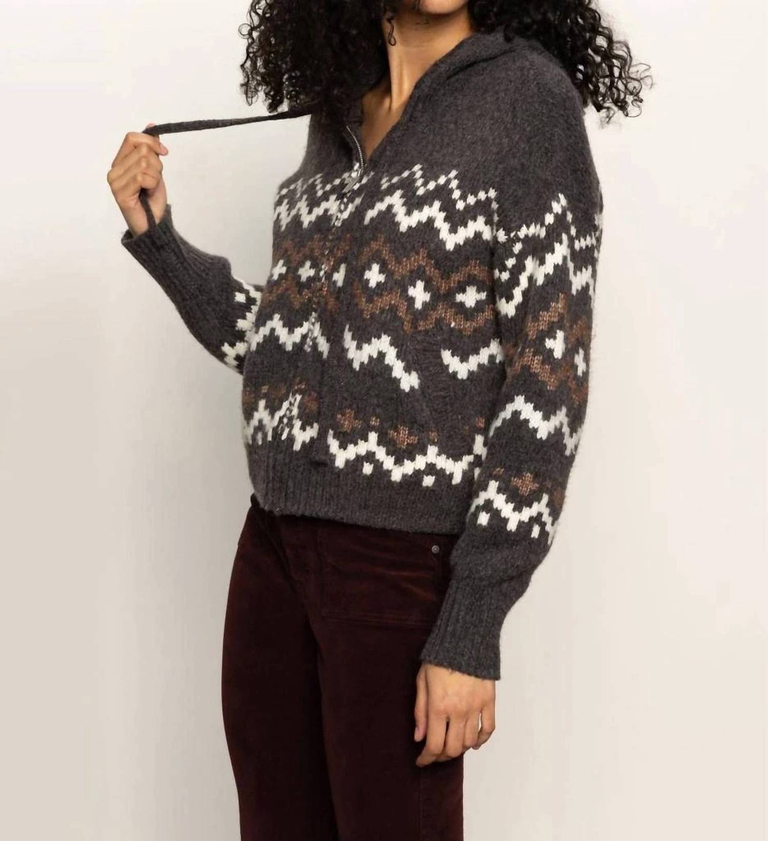 Zip Up Fair Isle Hoodie In Mocha