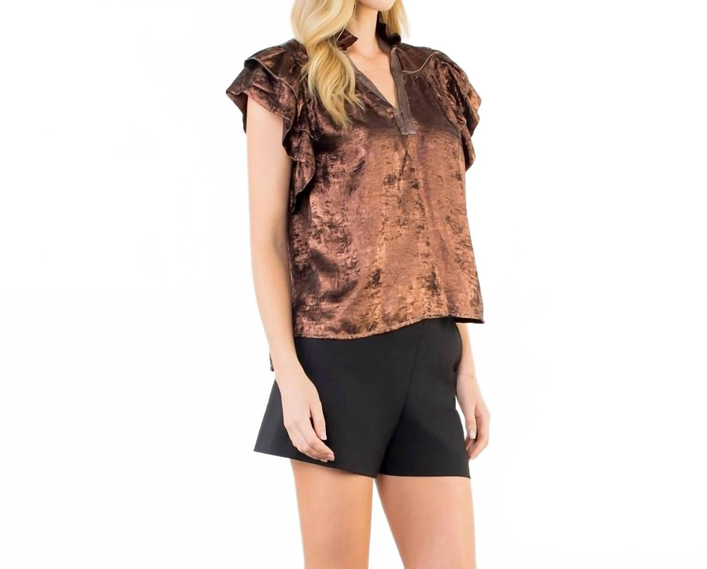 Flutter Sleeve Shimmery V Neck Top In Bronze