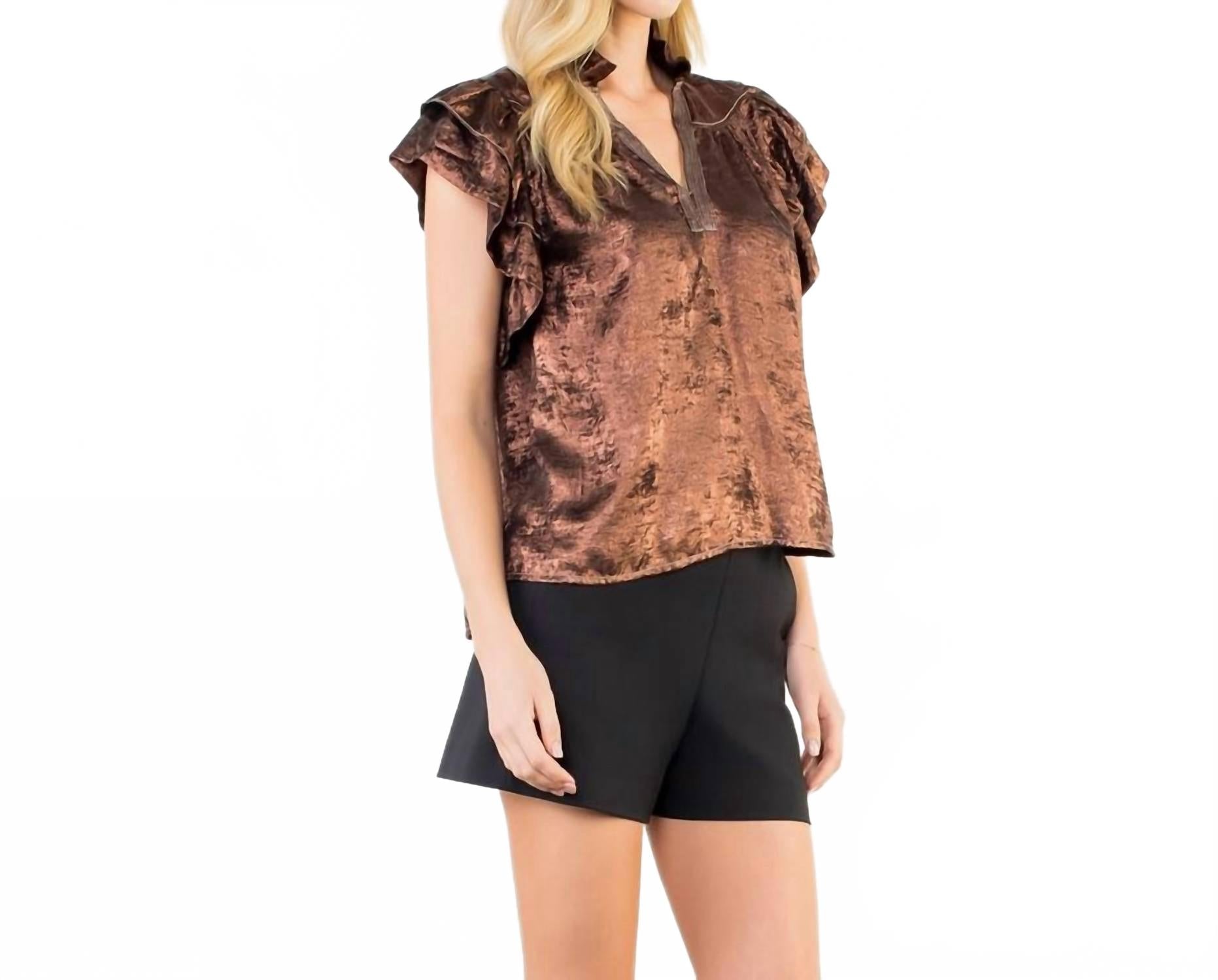 Flutter Sleeve Shimmery V Neck Top In Bronze
