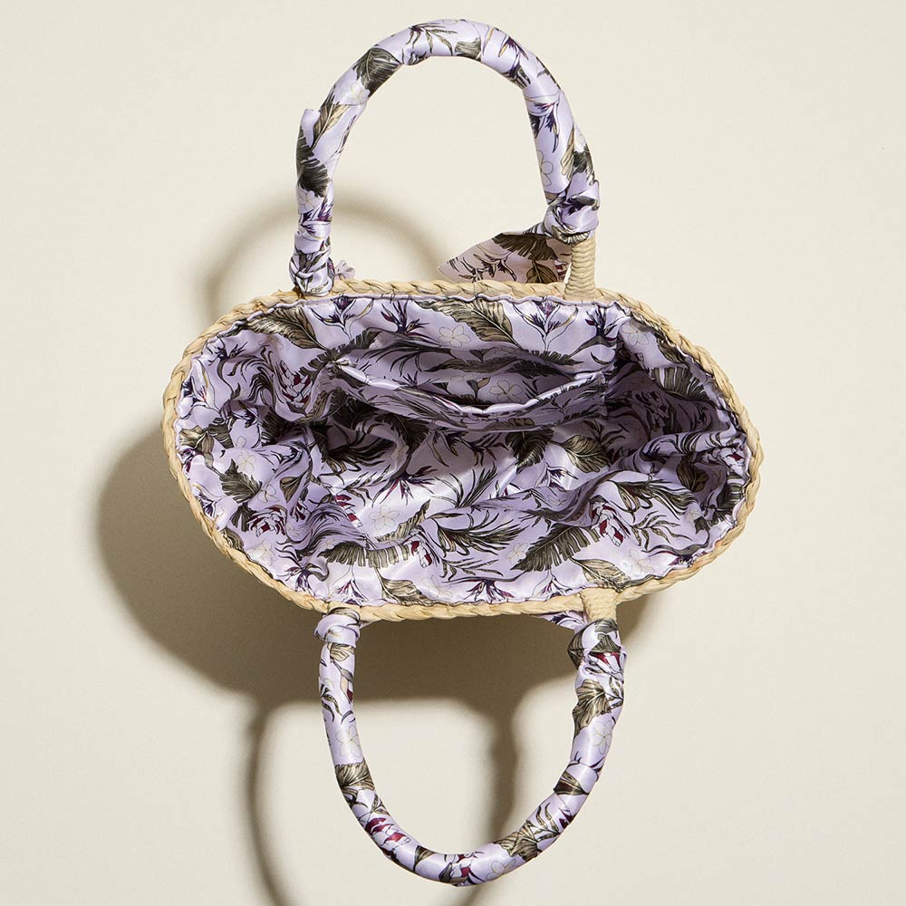 Floral Print Fabric Scarf Wrapped Handle Raffia Tote Bag