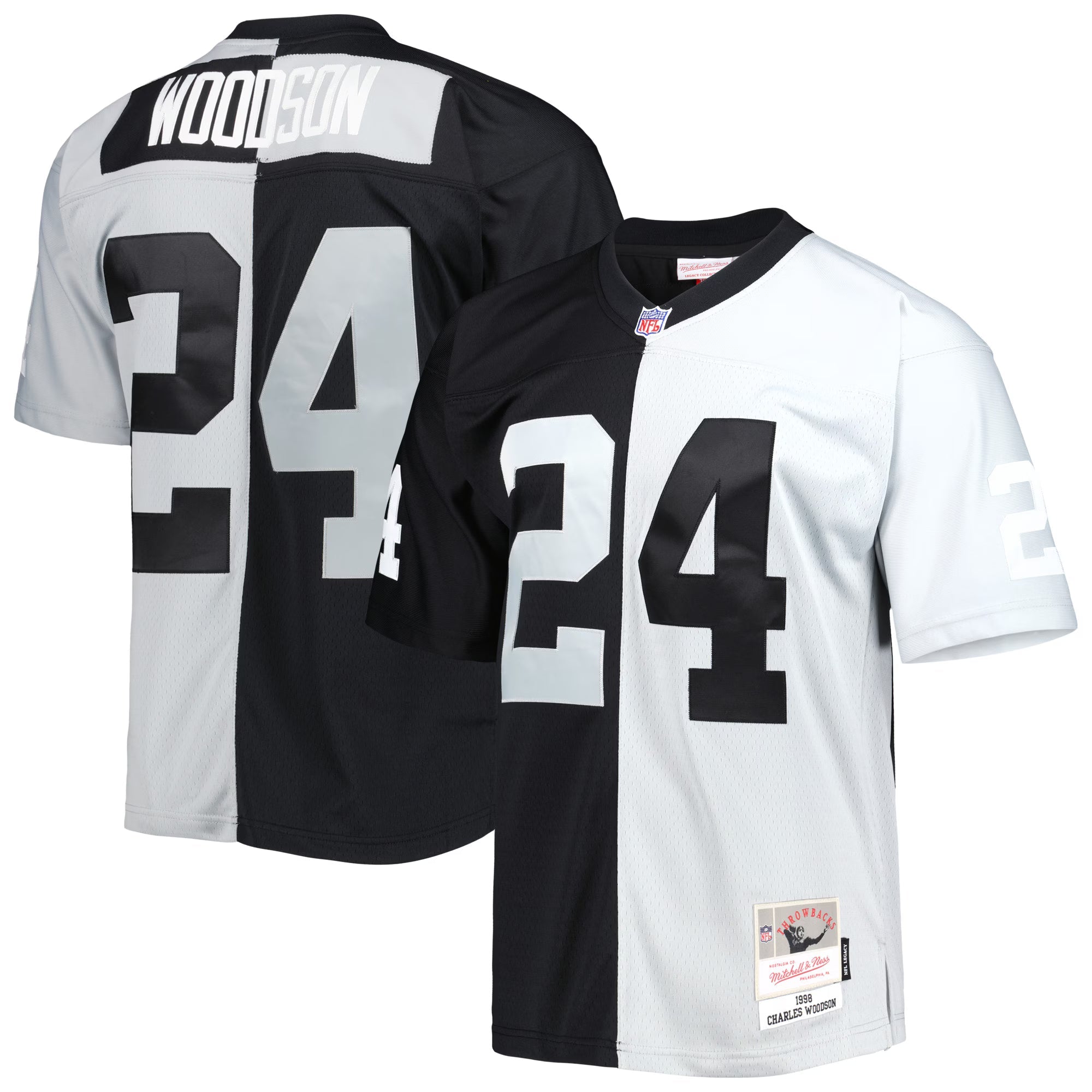 Las Vegas Raiders Charles Woodson Mitchell & Ness Black/Silver 1998 Split Legacy Replica Jersey