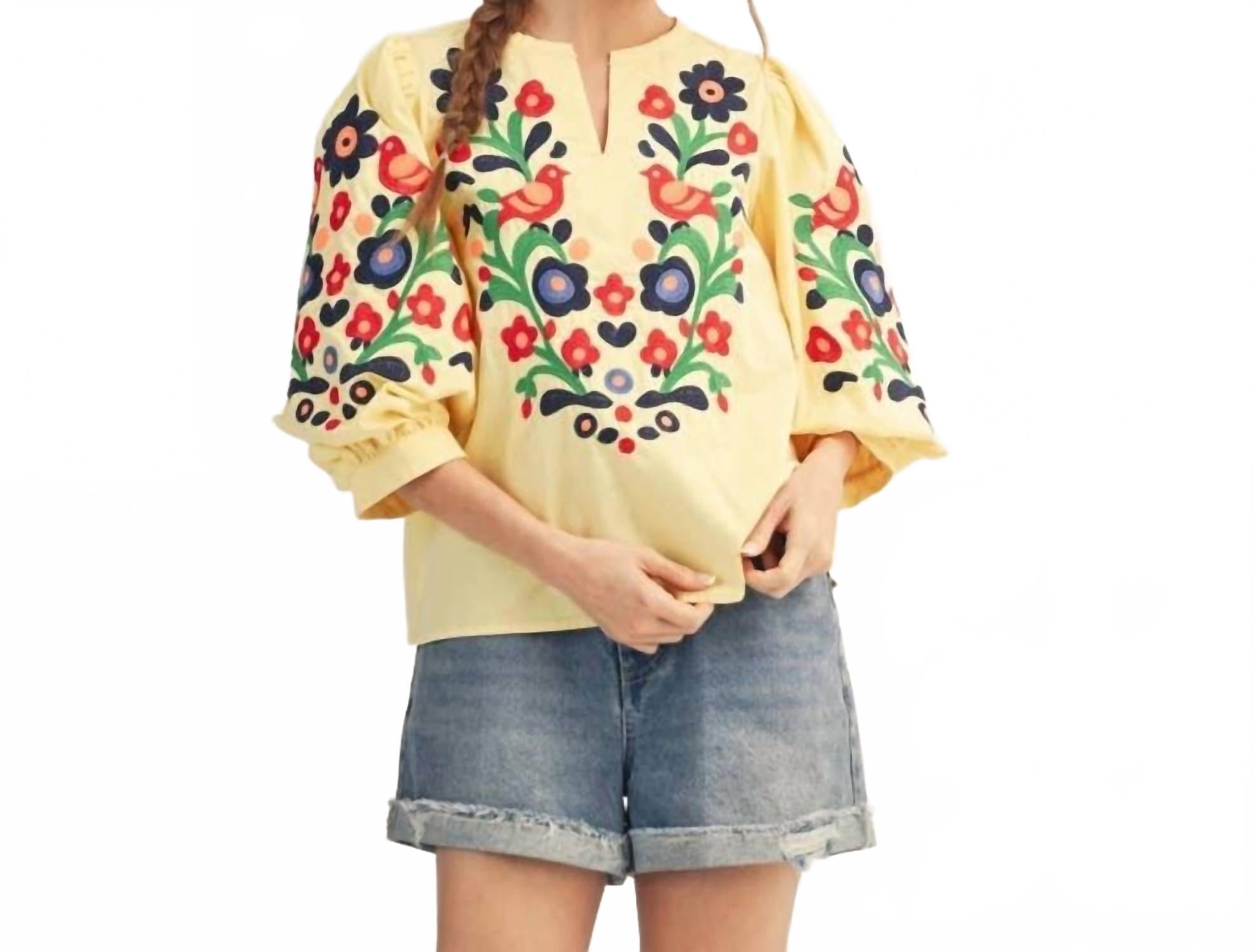 Embroidered V-Neck Woven Top In Banana Yellow