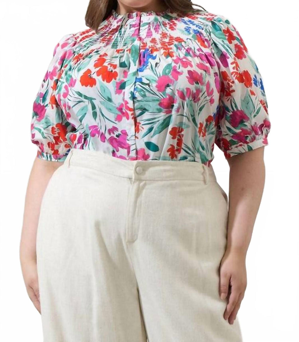 Kivia Blossom Smocked Neck Top In Floral