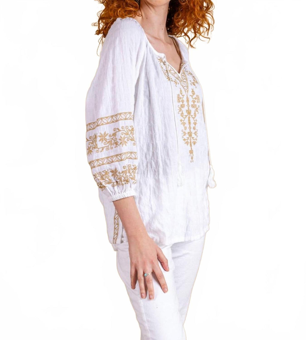 Textured Woven Embroidered Peasant Top In White