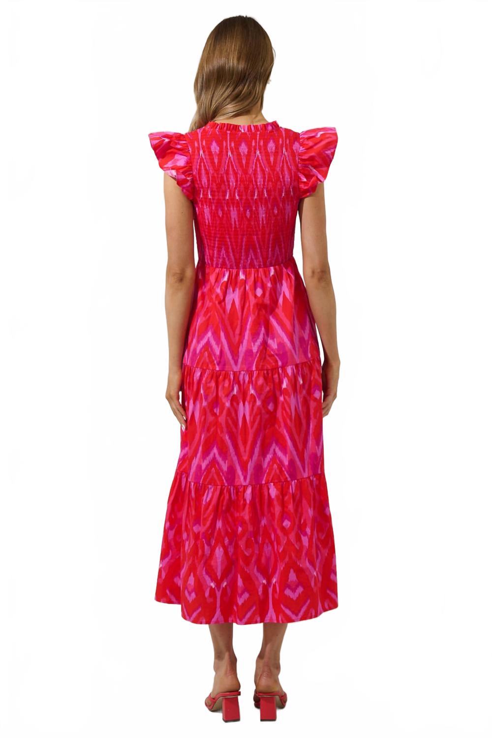 Sunfire Smocked Midi Dress In Red-Pink-Combo