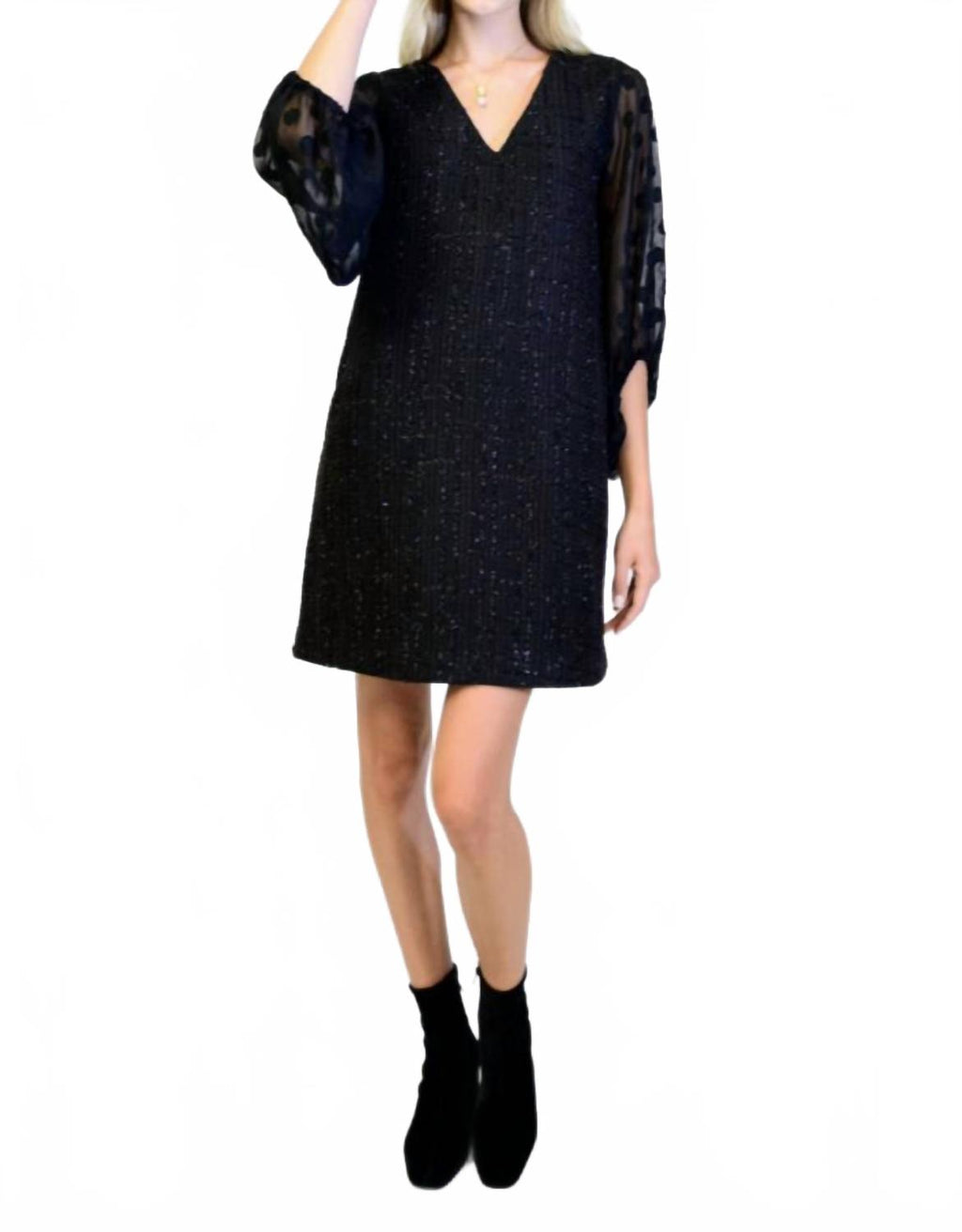 Sheer Sleeve Shift Mini Dress In Black