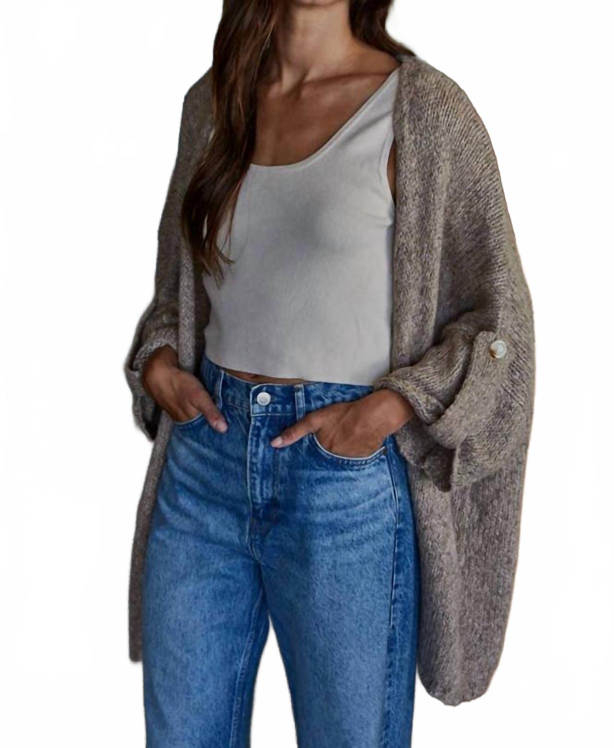 Folded Quarter Sleeve Open Front Cardigan In Mocha