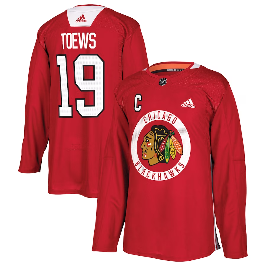 Men's Chicago Blackhawks Jonathan Toews #19 Red Practice Player jersey