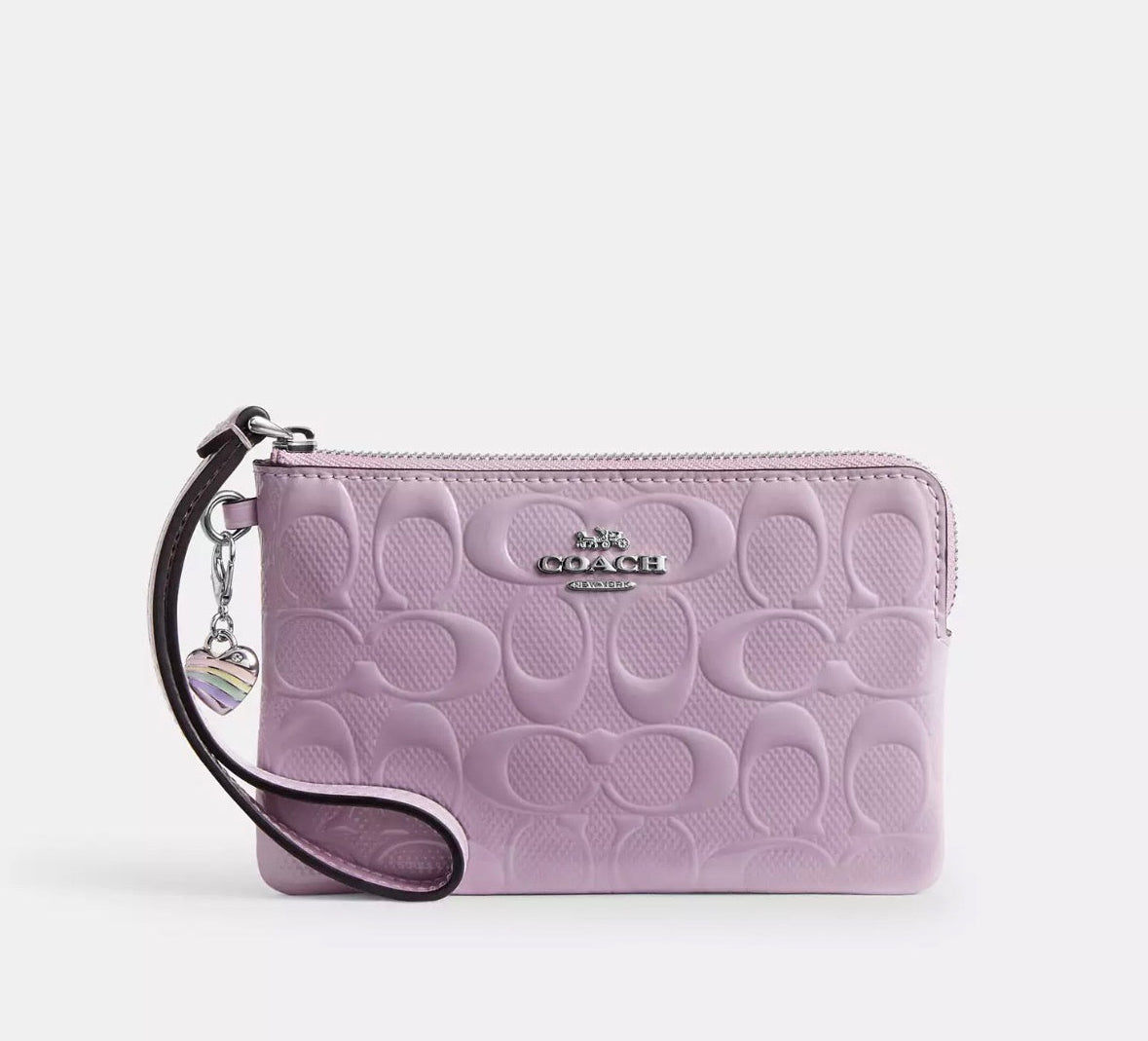 NWT Coach Corner Zip Wristlet Wallet In Signature Leather With Heart Charm In Silver/Light Violet