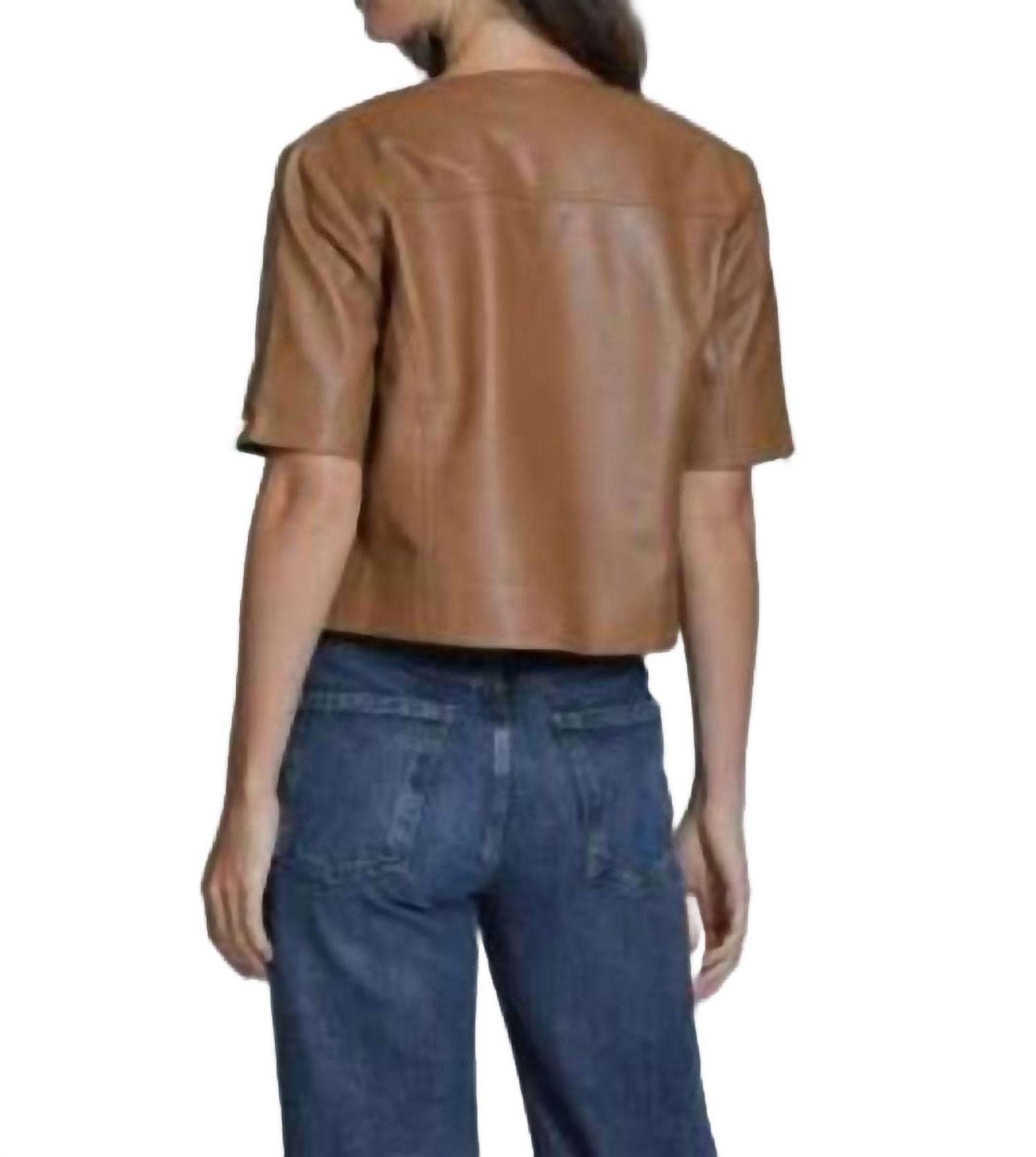 Collarless Short Sleeve Leather Moto Jacket In Mocha