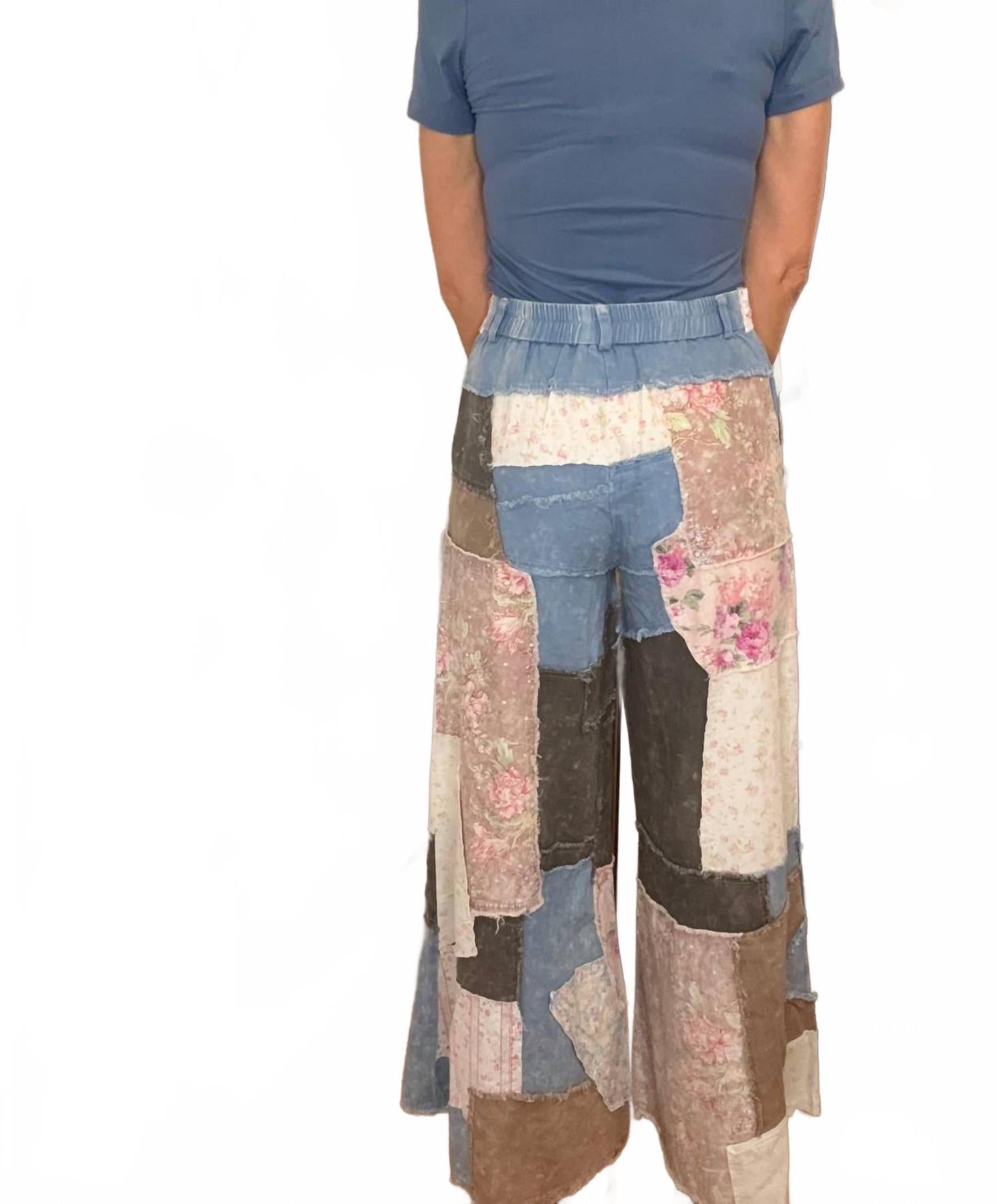 Patty Patchwork Chambray Denim Pants In Pink Multi