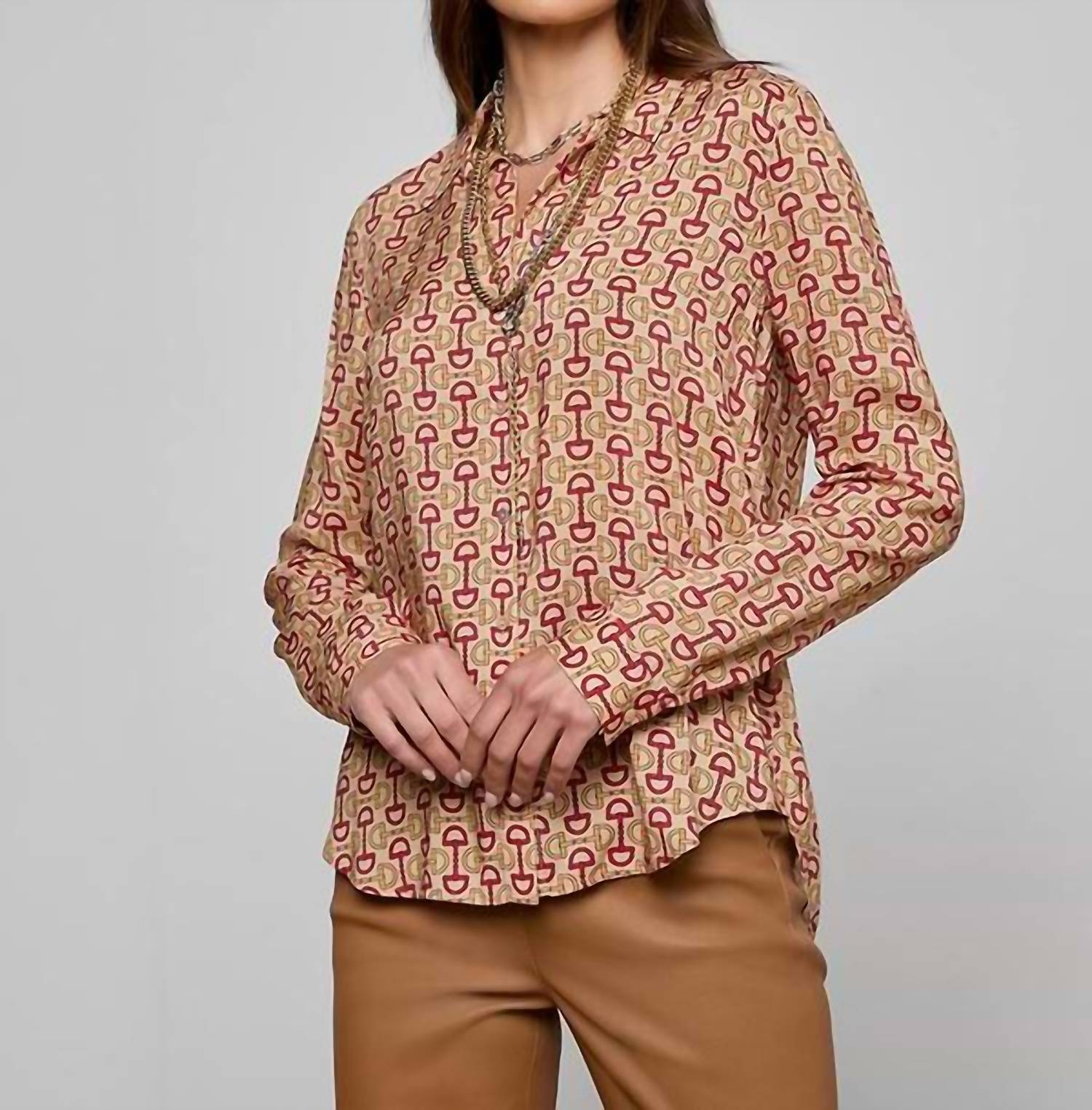 Holly Long Sleeve Blouse In Multi Allover Horse Bit