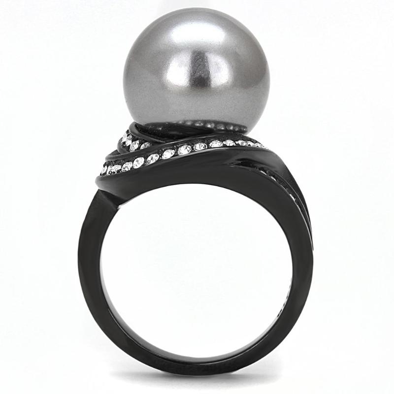 IP Black(Ion Plating) Stainless Steel Ring with Synthetic Pearl in Gray