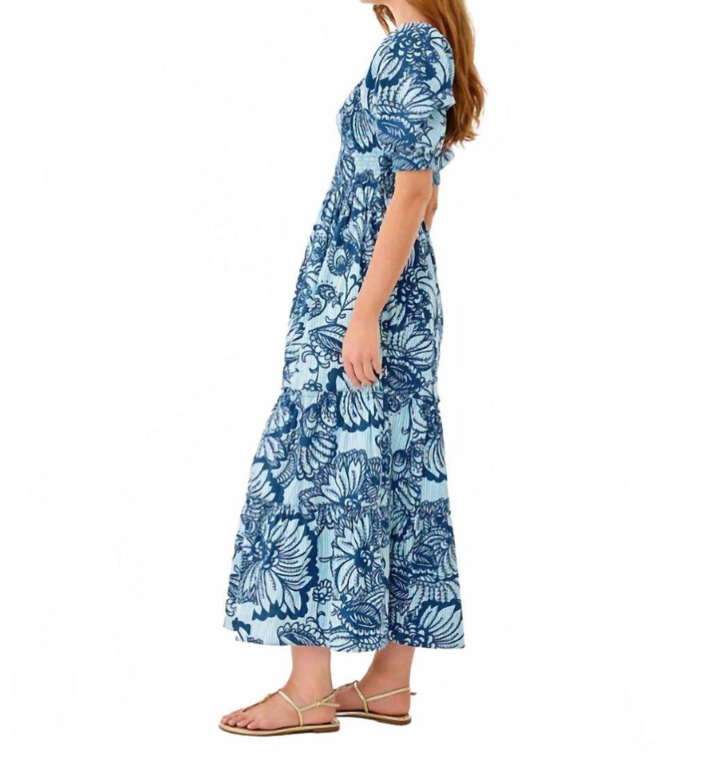 Hadly Short Sleeve Smocked Maxi Dress In Starlight Navy/proud As A Peacock Stripe