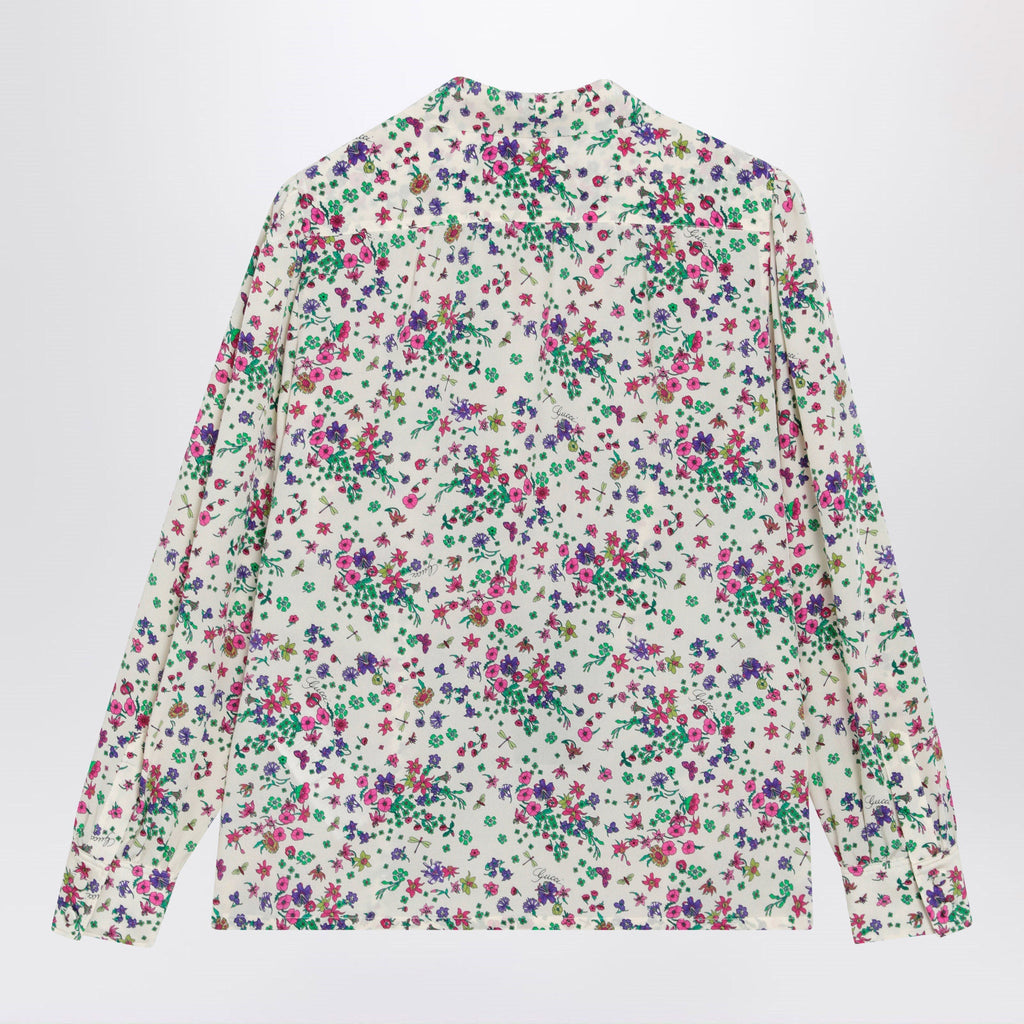 Gucci Printed Silk Shirt With Bow In Ivory/Pink Women