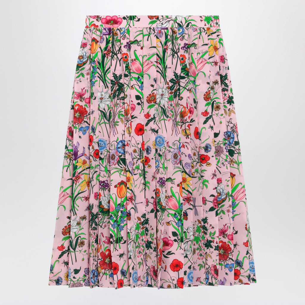 Gucci Flora-Print Pleated Silk Midi Skirt In Pink Women