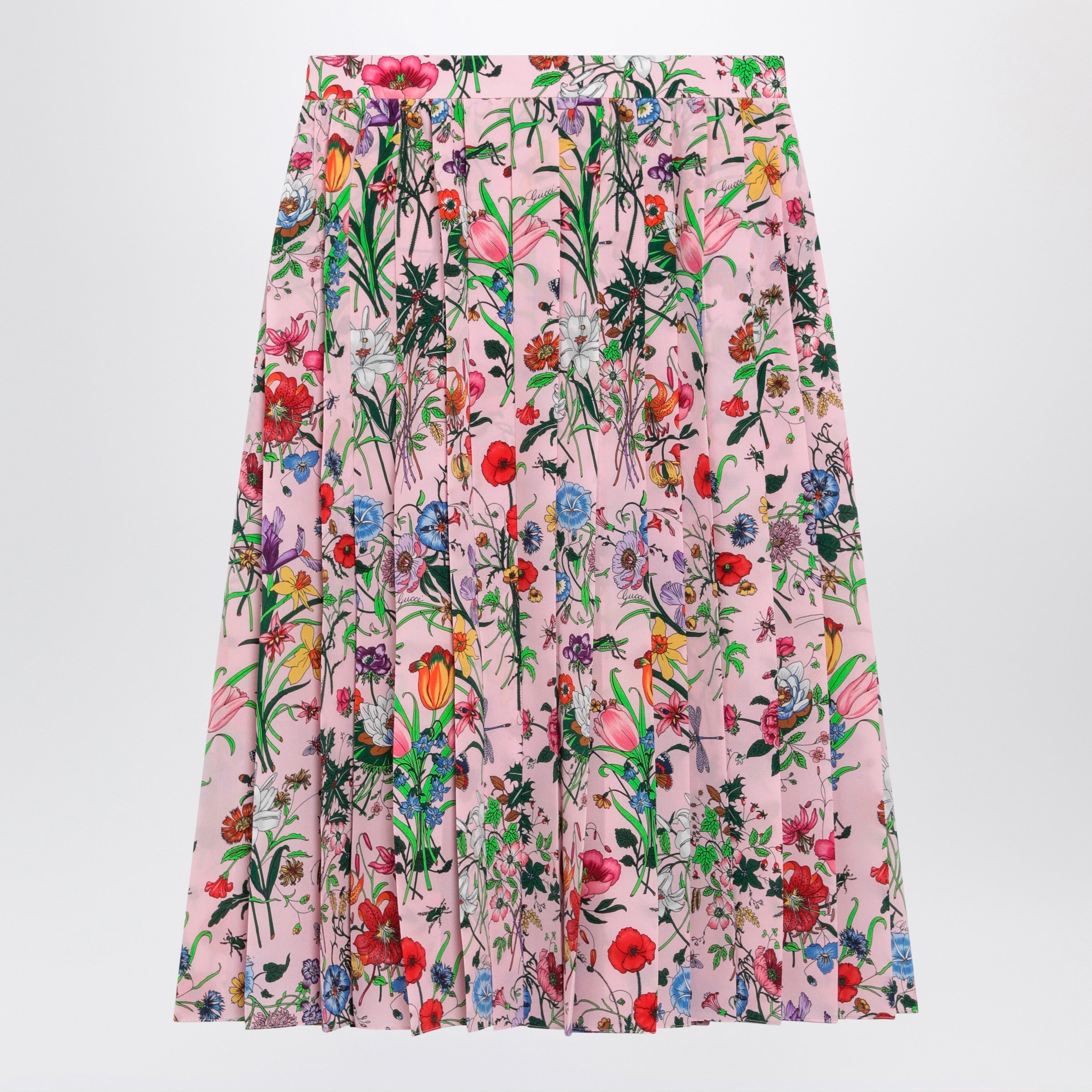 Gucci Flora-Print Pleated Silk Midi Skirt In Pink Women