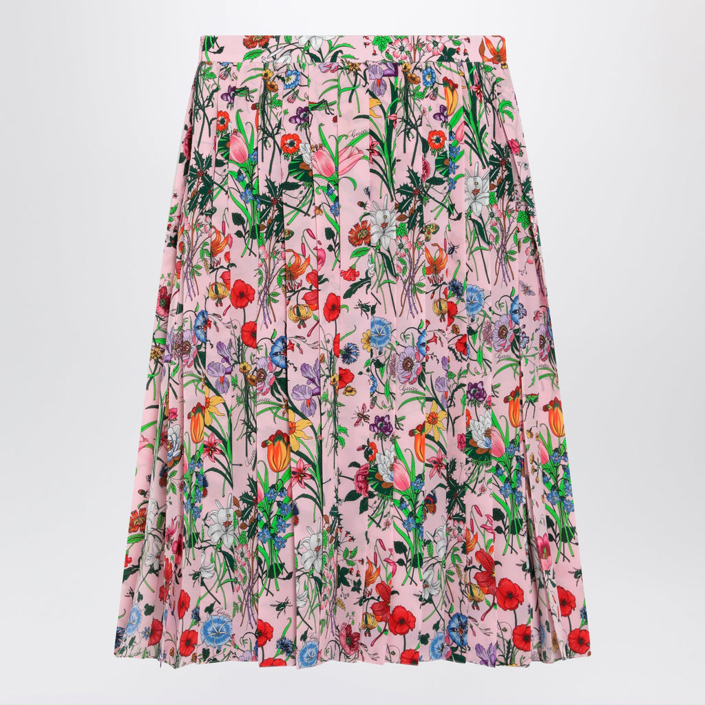 Gucci Flora-Print Pleated Silk Midi Skirt In Pink Women