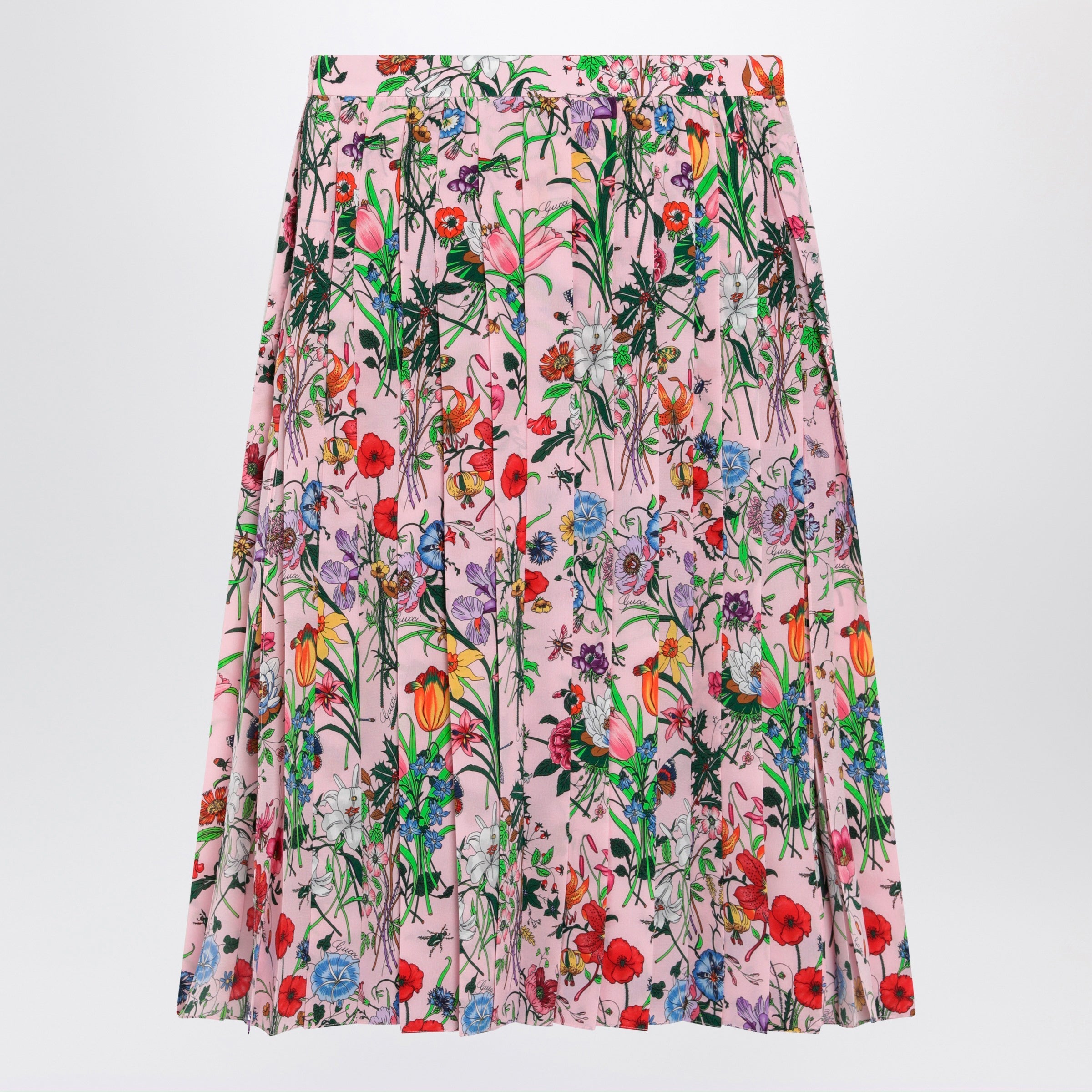 Gucci Flora-Print Pleated Silk Midi Skirt In Pink Women