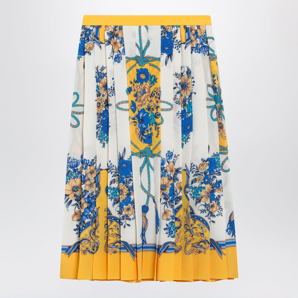 Gucci Pleated Midi Silk Skirt With Flora Print In Yellow/Ivory Women