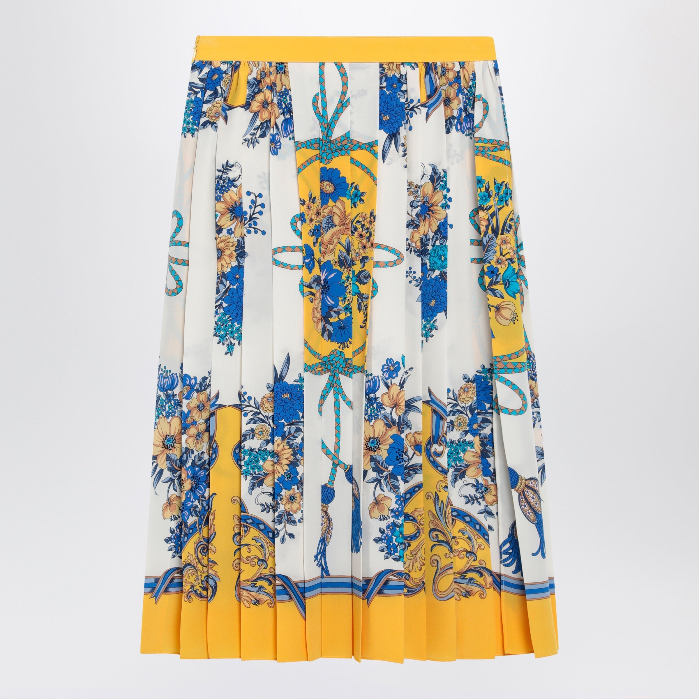 Gucci Pleated Midi Silk Skirt With Flora Print In Yellow/Ivory Women