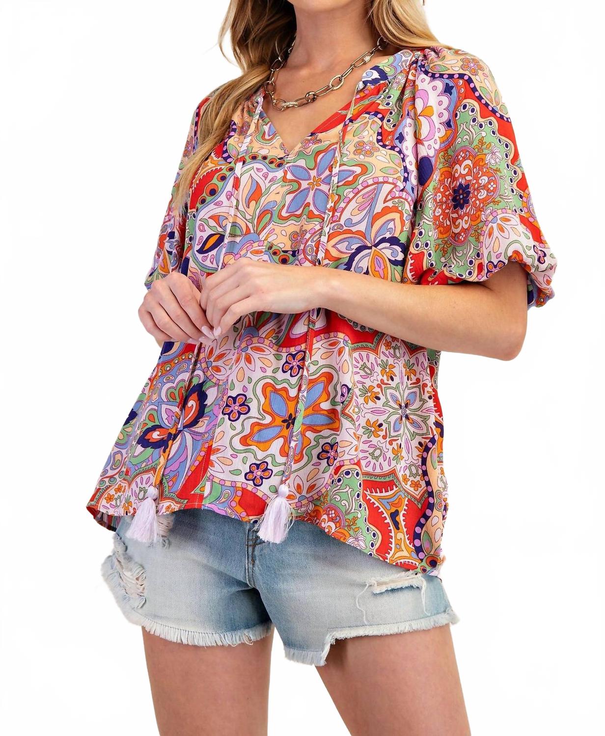 Bohemian Paisley Print Tassel Front Top In Blush Red