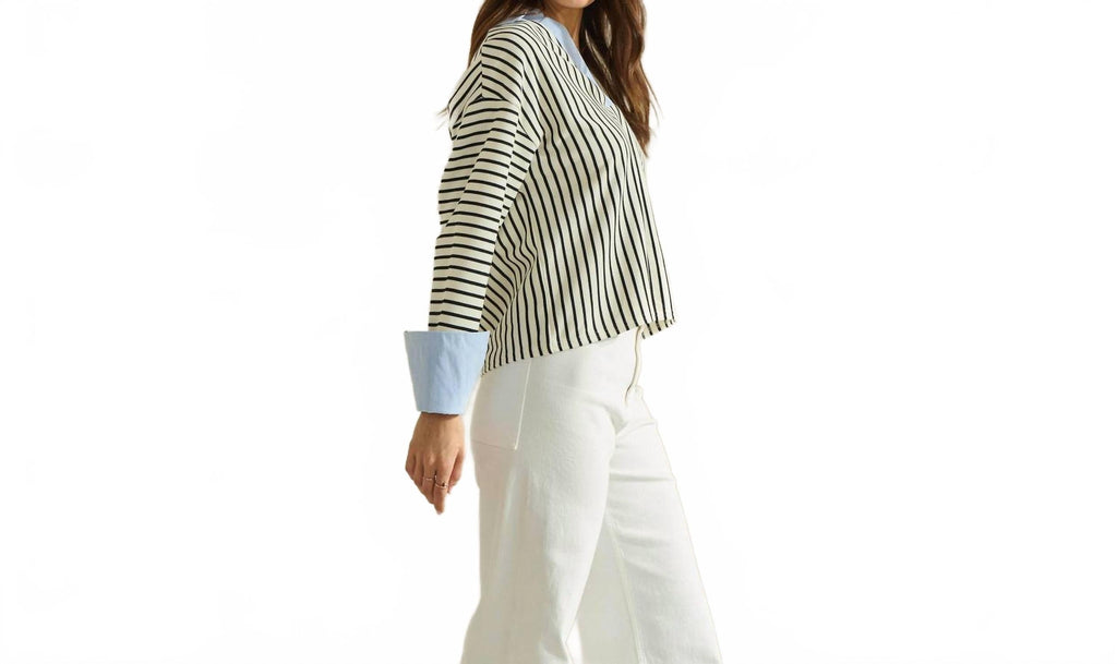 Stripe V-Neck Blouse In Black/white