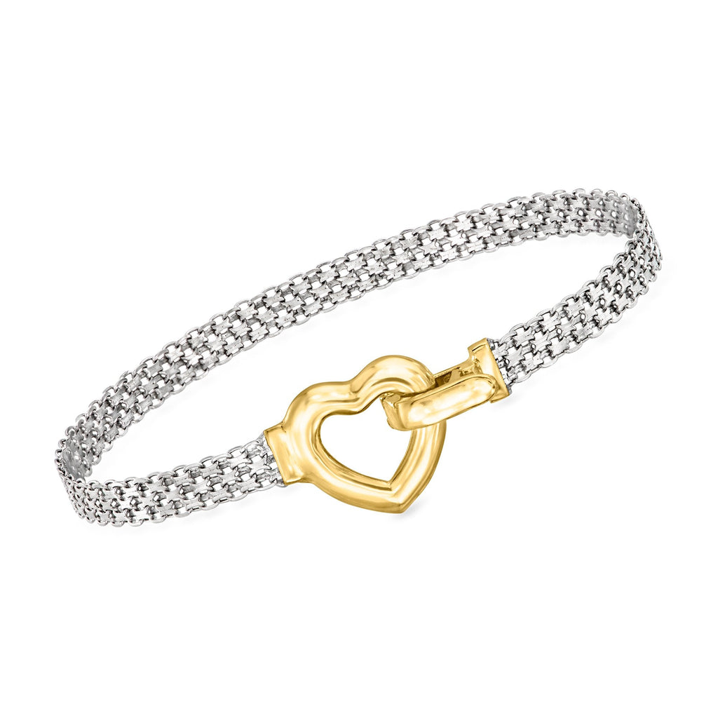 Ross-Simons Sterling Silver and 18kt Gold Over Sterling Heart Bismark-Link Bracelet