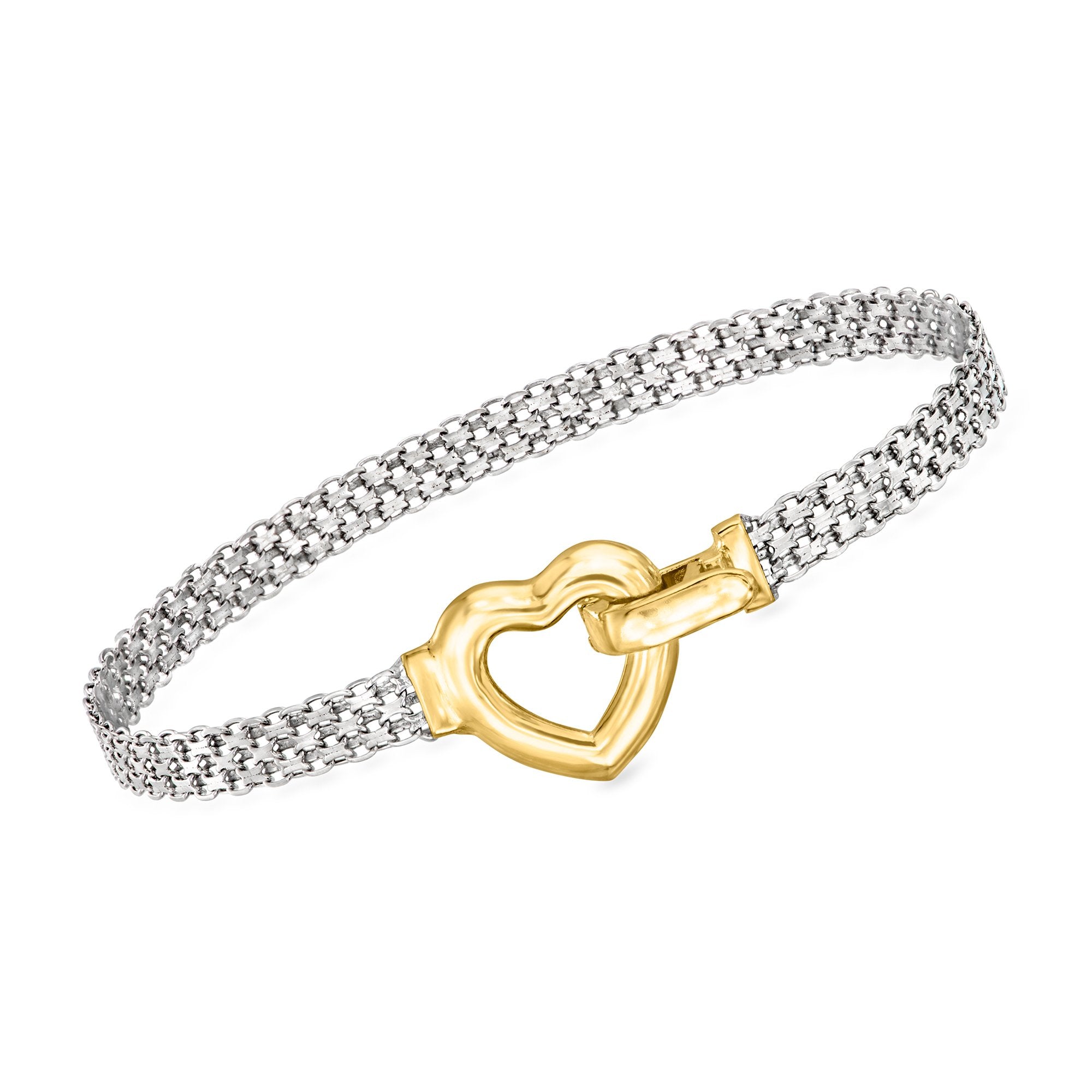 Ross-Simons Sterling Silver and 18kt Gold Over Sterling Heart Bismark-Link Bracelet