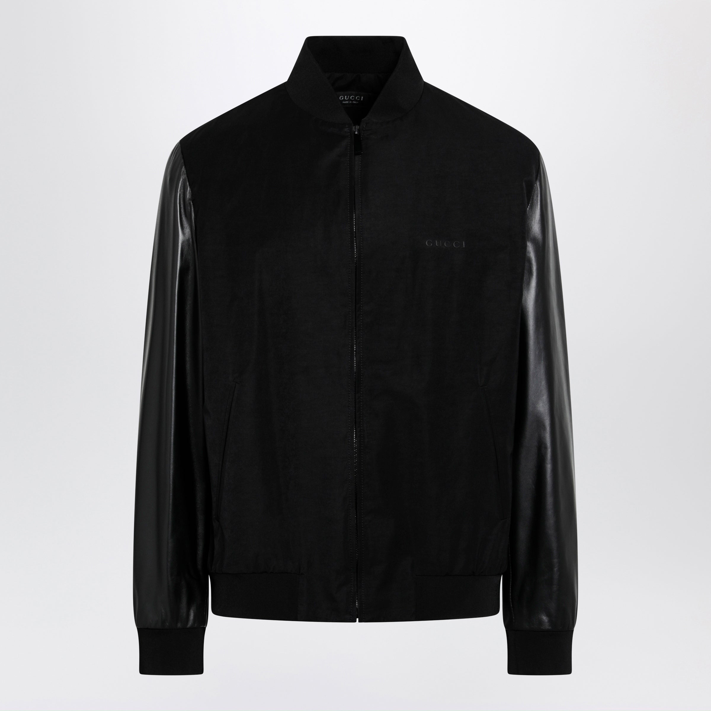 Gucci Fabric Bomber With Nappa Leather Sleeves, Black Men