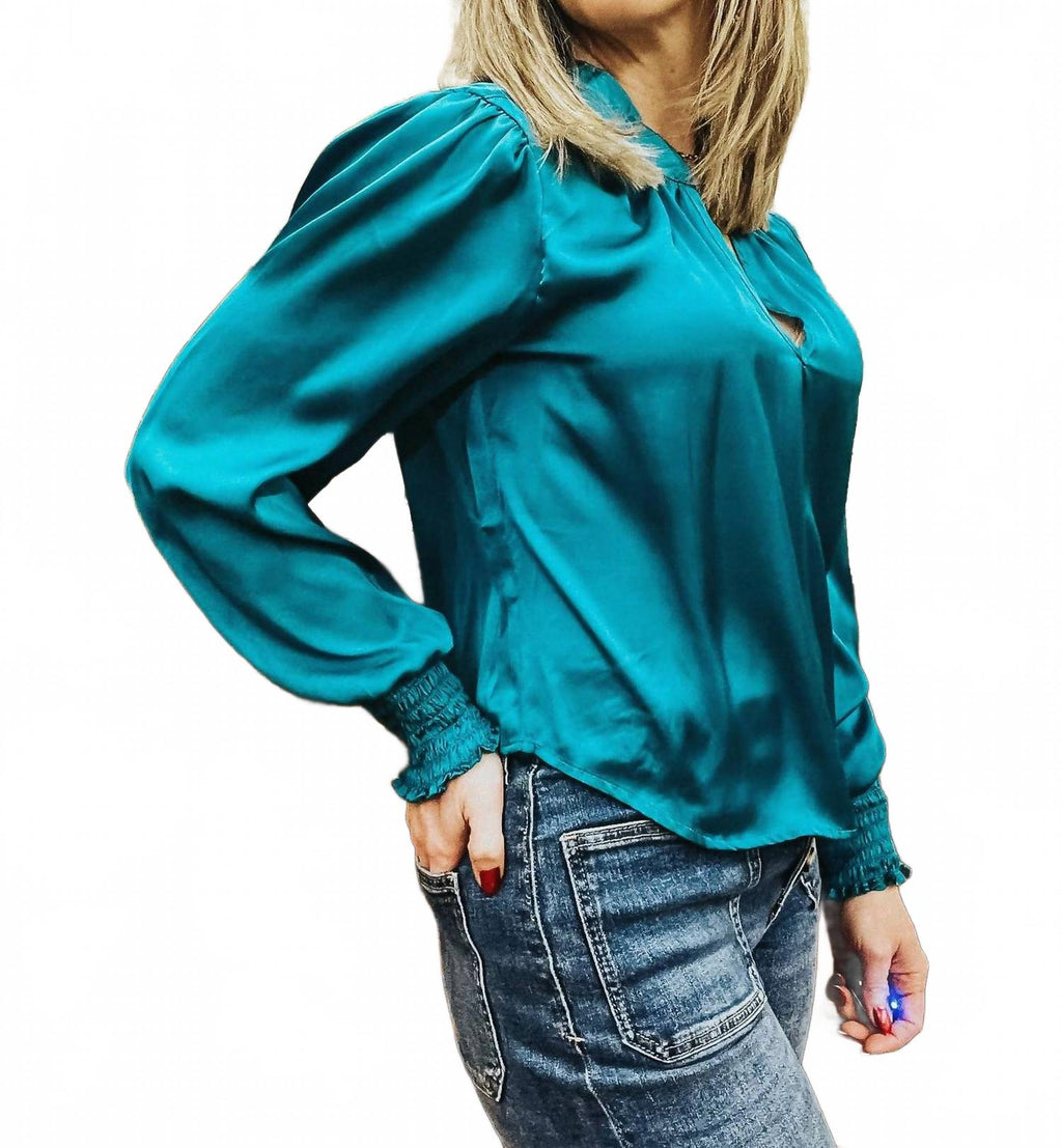 Twist Neck Long Sleeve Blouse In Teal